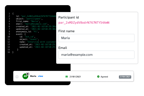 Code sample with dashboard entry for user research participant and participant data