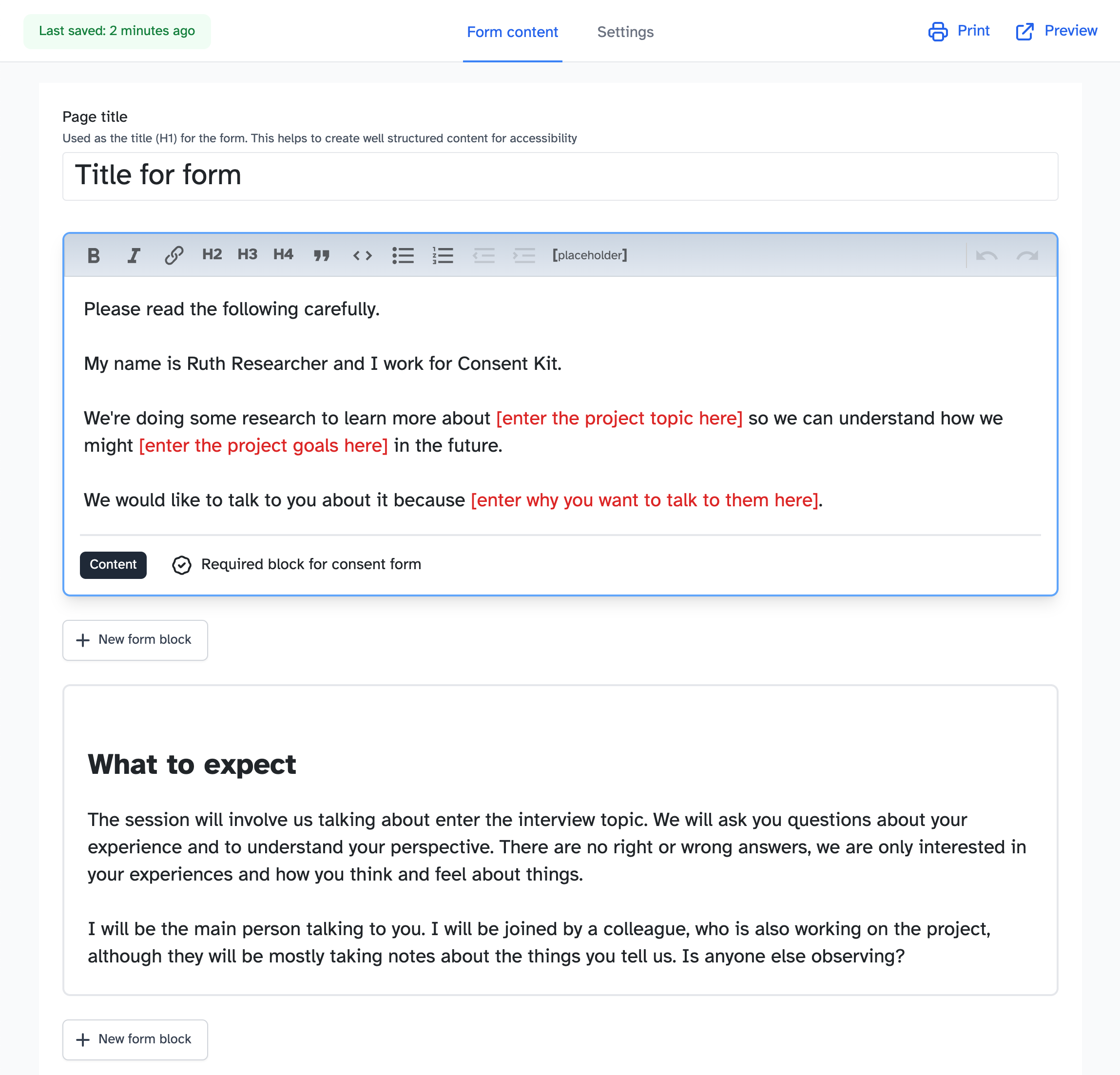 Screenshot of the form editor
