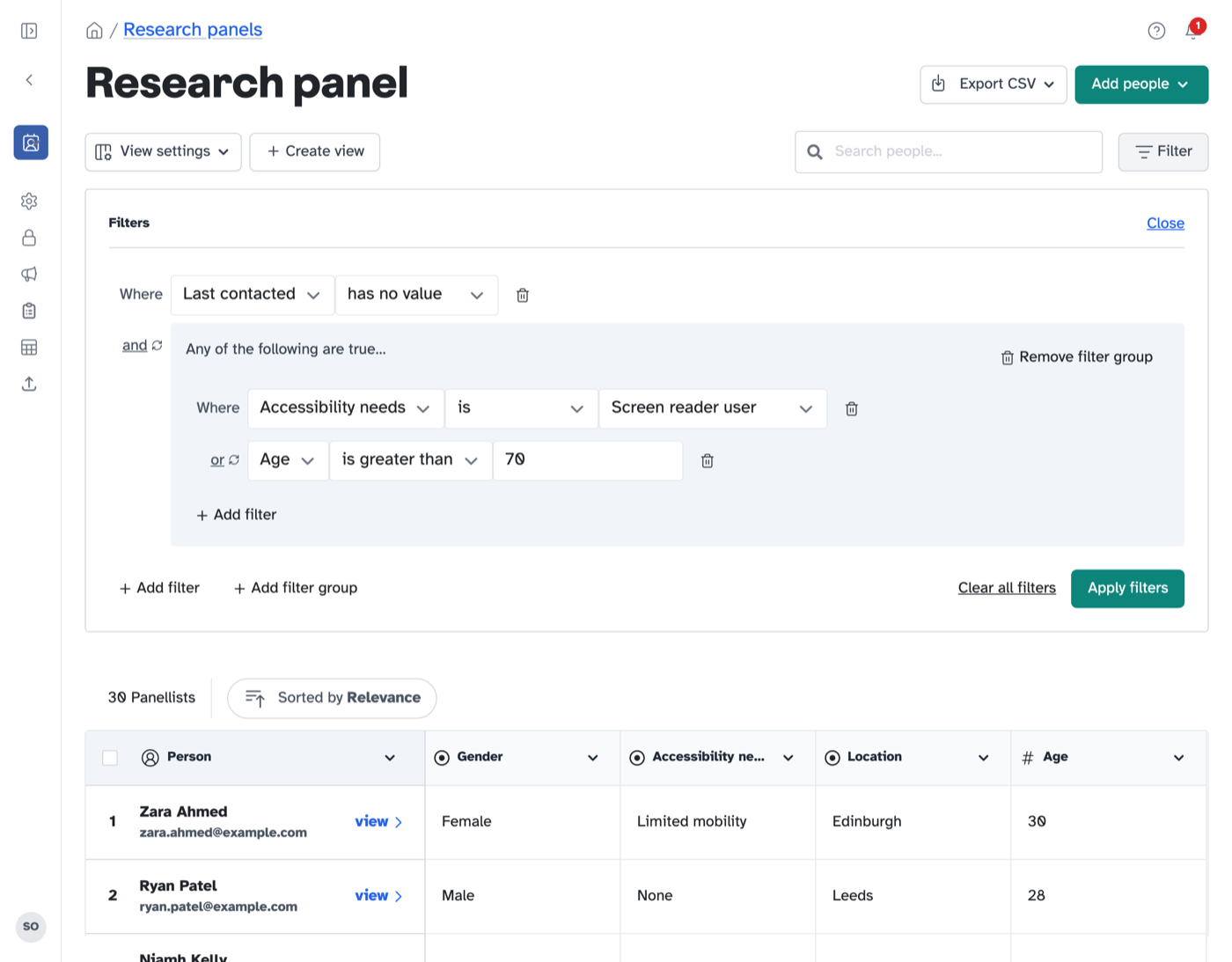 A screenshot of a research panel in Participant Kit, filtered to people not yet contacted who use a screen reader or are over 70, with columns for gender, accessibility needs, location and age.