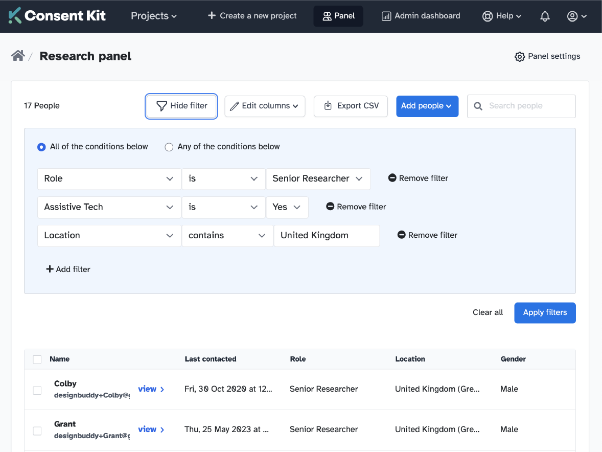 A screenshot of a research panel in Participant Kit, showing a list of panellists, and filters being applied.