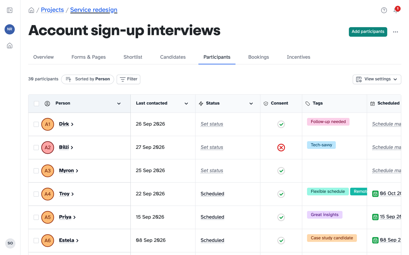 A screenshot of a study in Participant Kit, showing its participants with when each was last contacted, their status, whether they have consented, their tags and when they are scheduled.