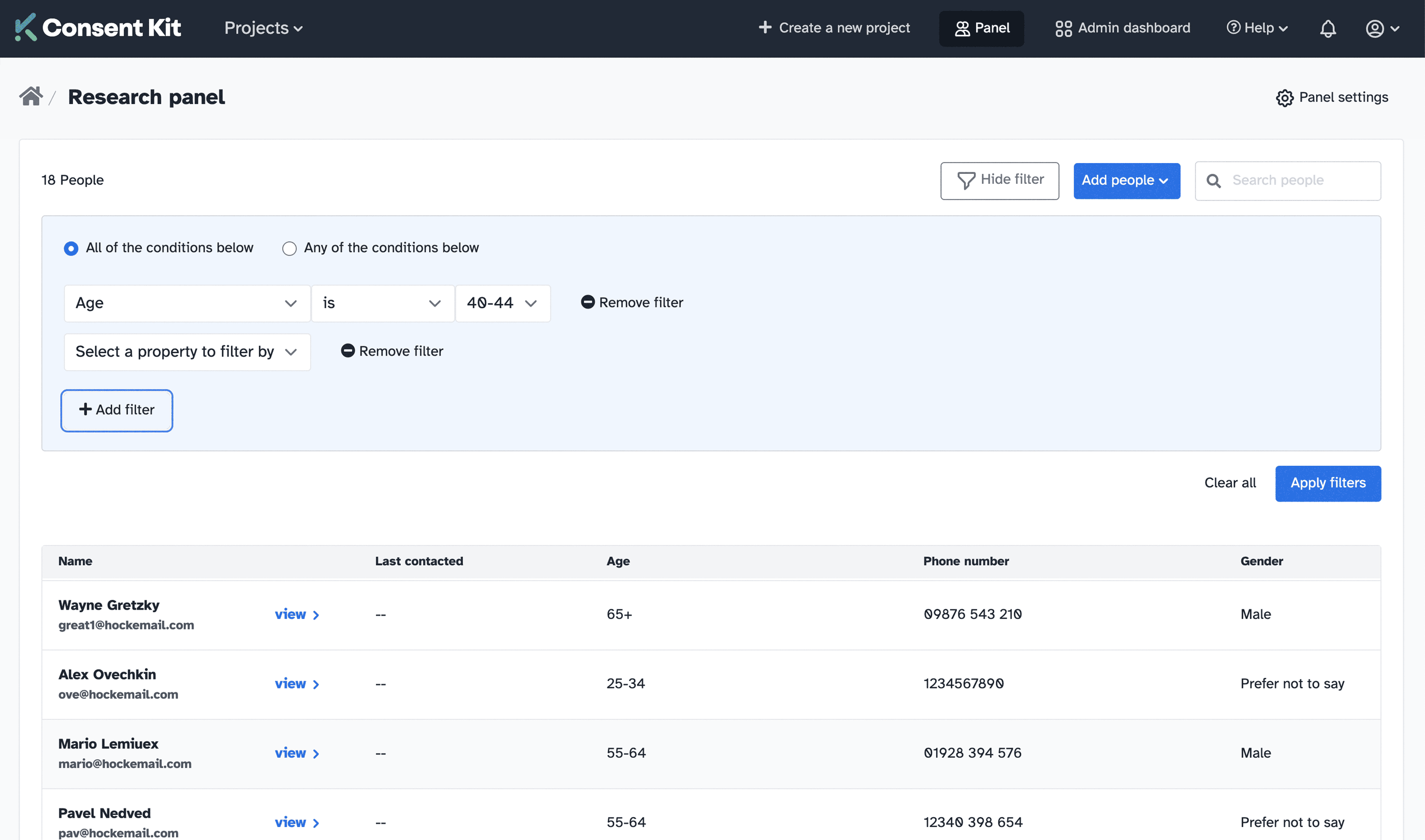 Screenshot of the panels page showing some filters and a table of panellists