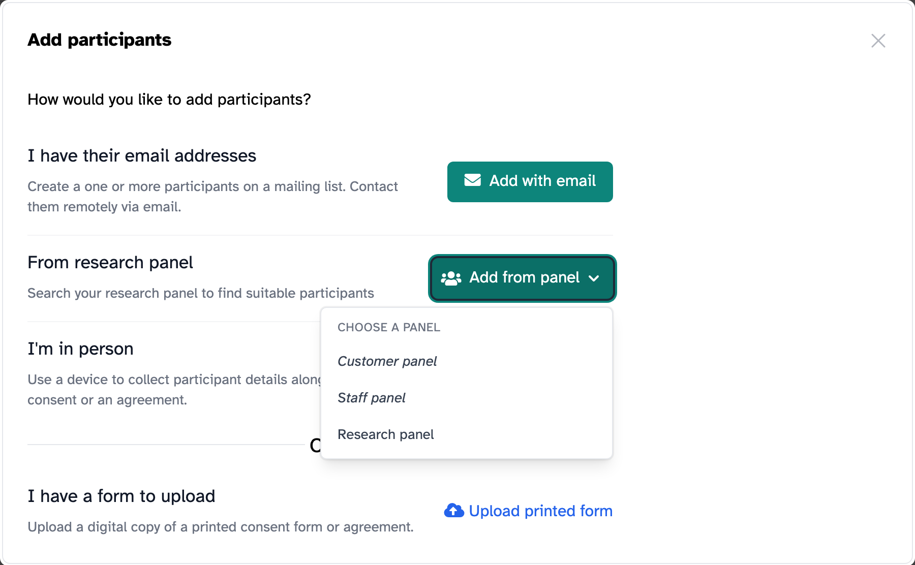 The Add participants dialog, with Add from panel open and a list of panels to choose from