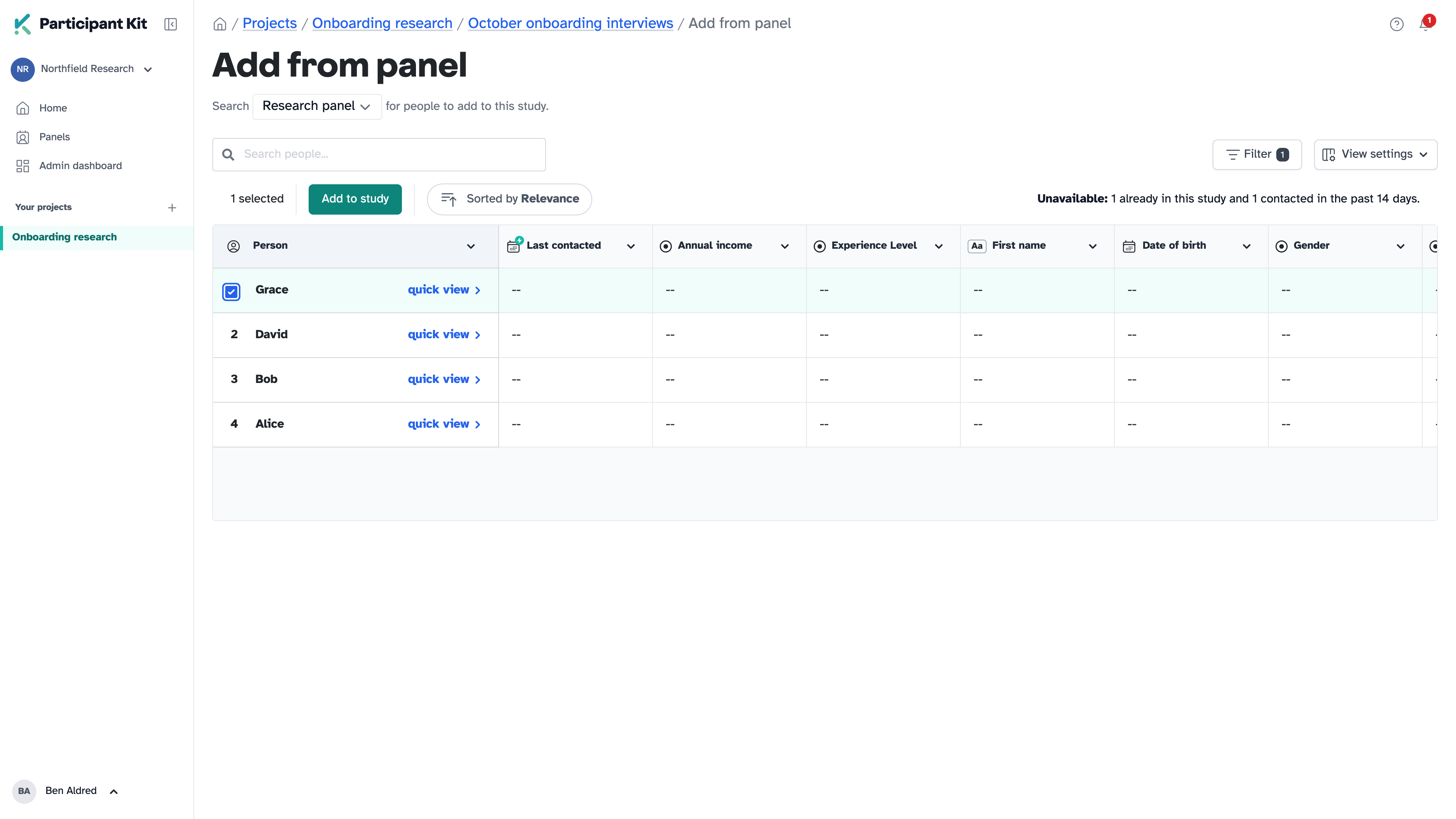 Add from panel with one person ticked, showing 1 selected and the Add to study button