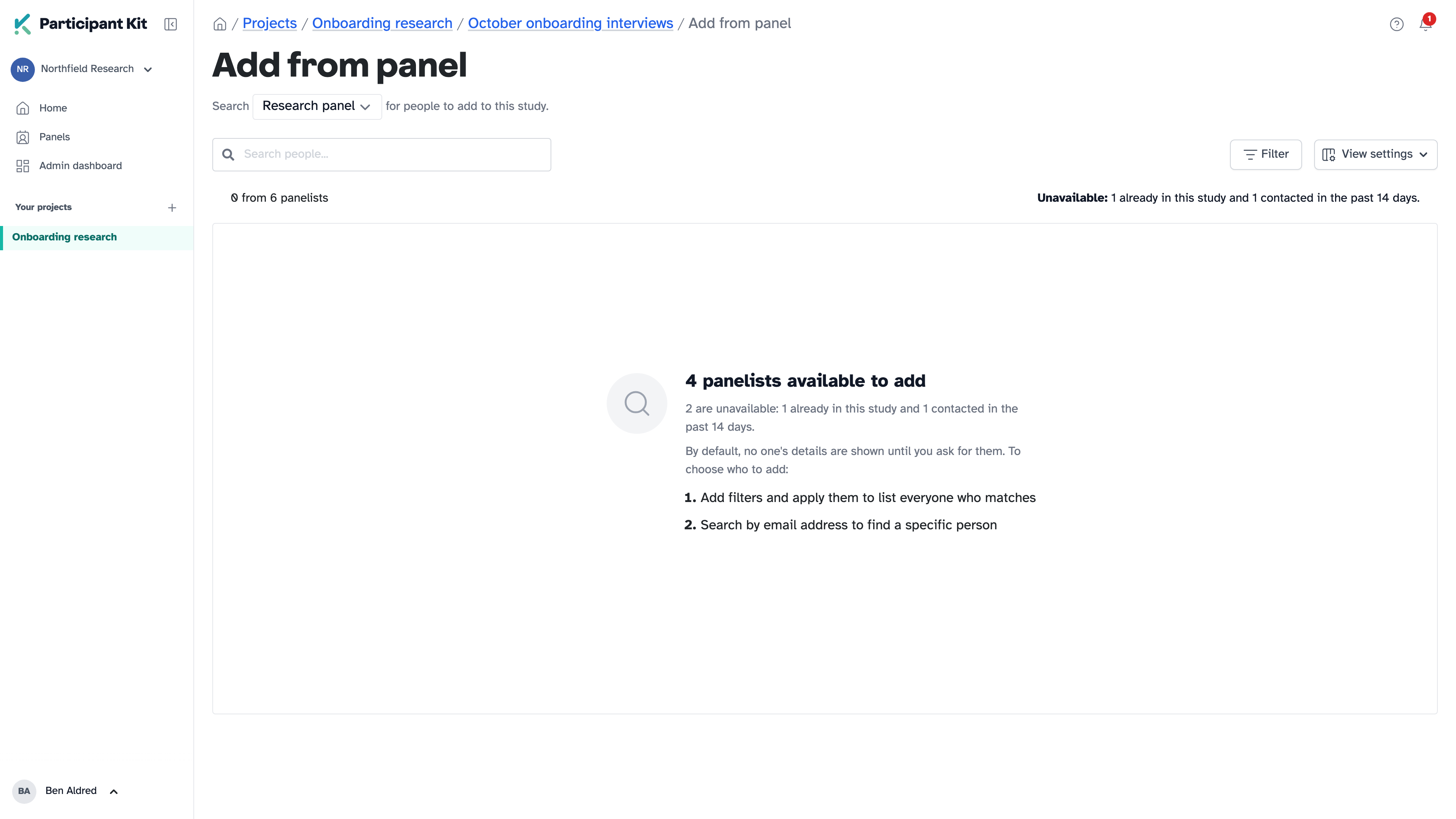 Add from panel before any filters, reading 4 panelists available to add and 2 unavailable