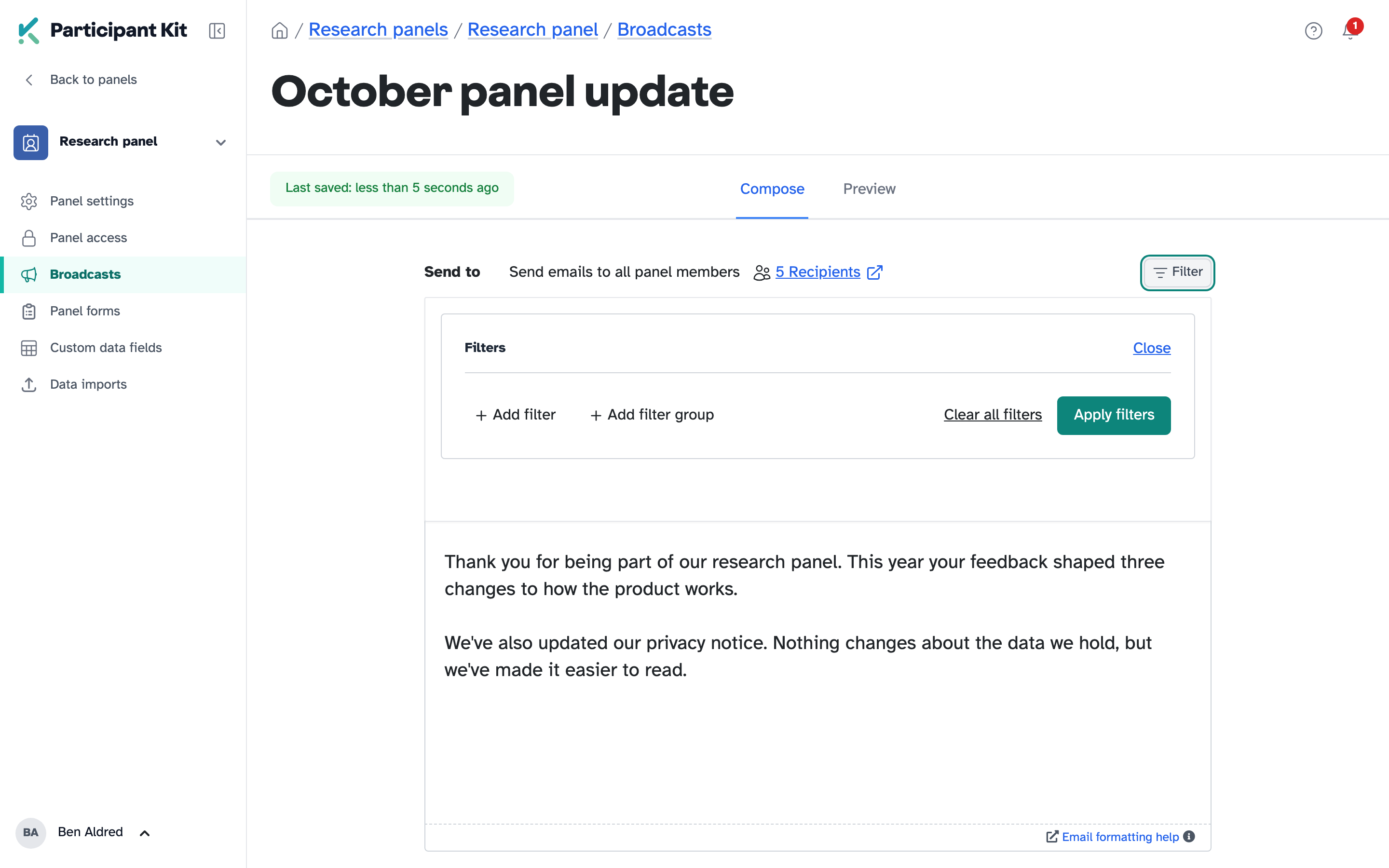 The Send to line showing Send emails to all panel members and the recipient count, with the filter builder open