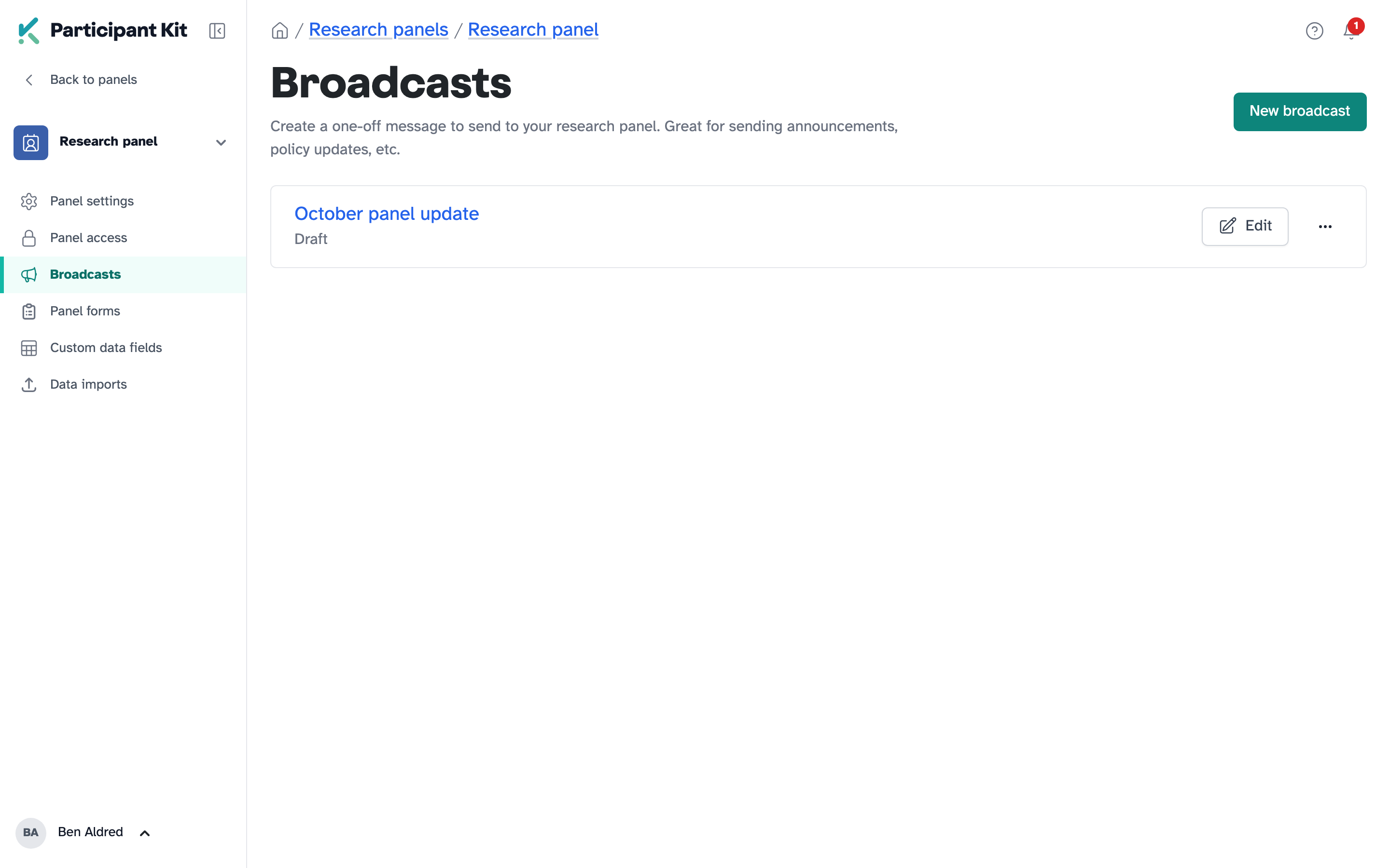 The Broadcasts page for a panel, with the New broadcast button