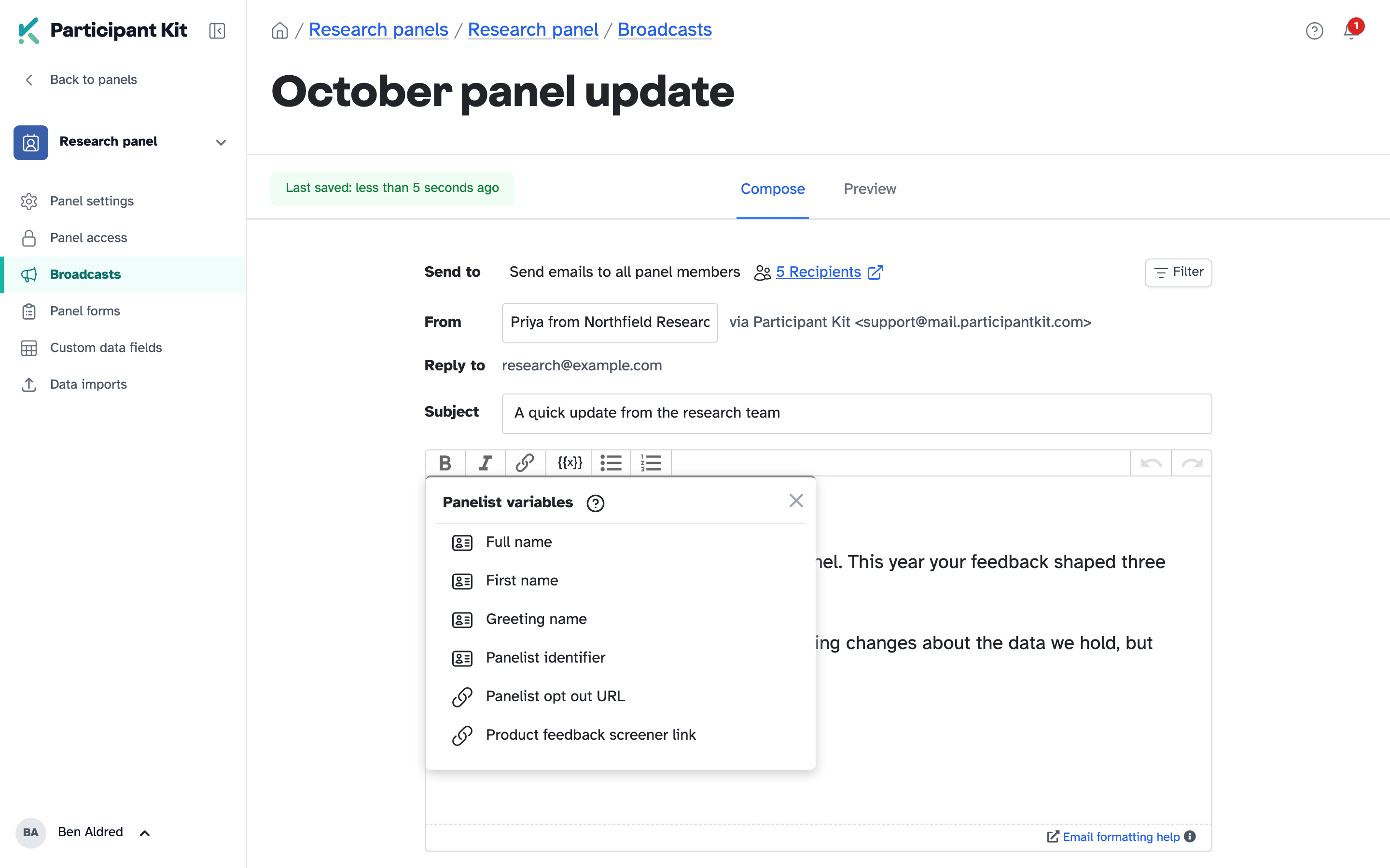 The Panelist variables menu open in the message toolbar, listing names and a screener link