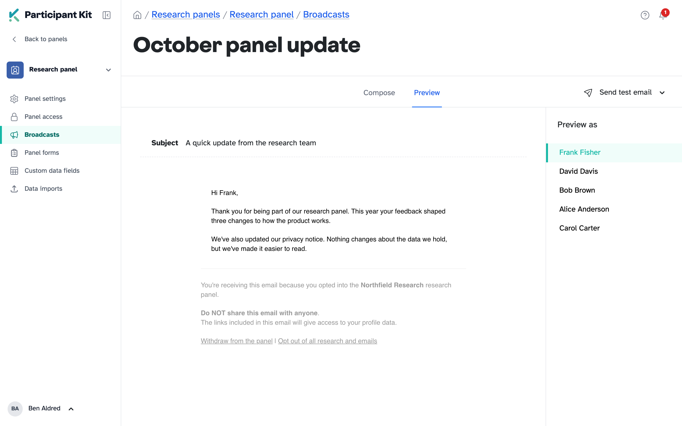 The Preview tab, showing the email and footer, with Preview as listing recipients on the right