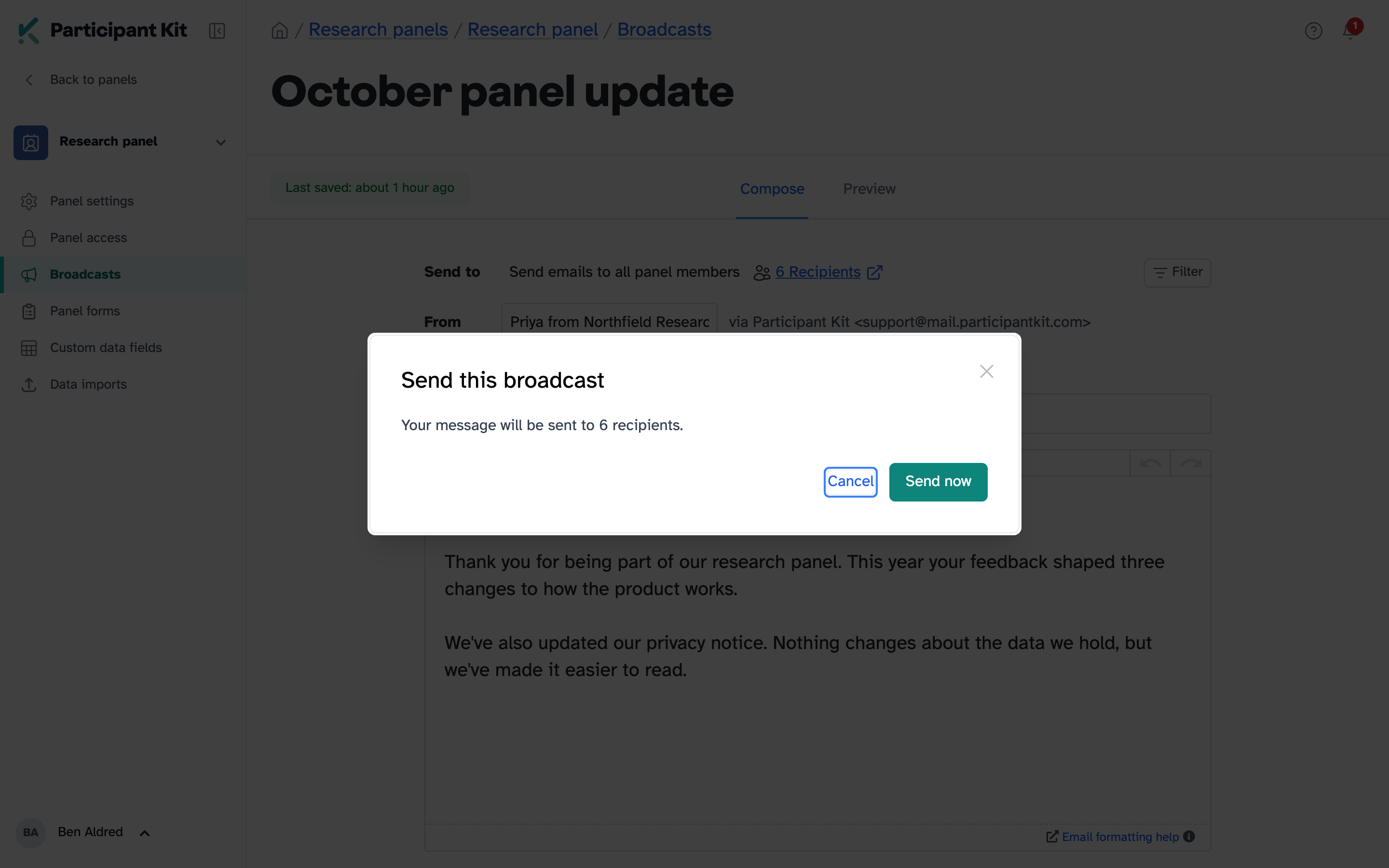 The Send this broadcast confirmation, with the number of recipients and the Send now button