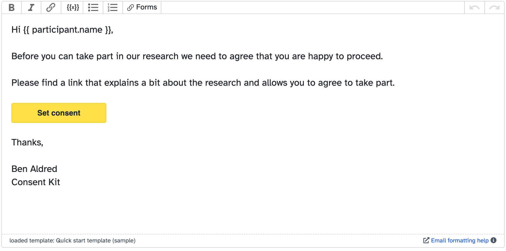 The message composer with a message inviting a participant to a study