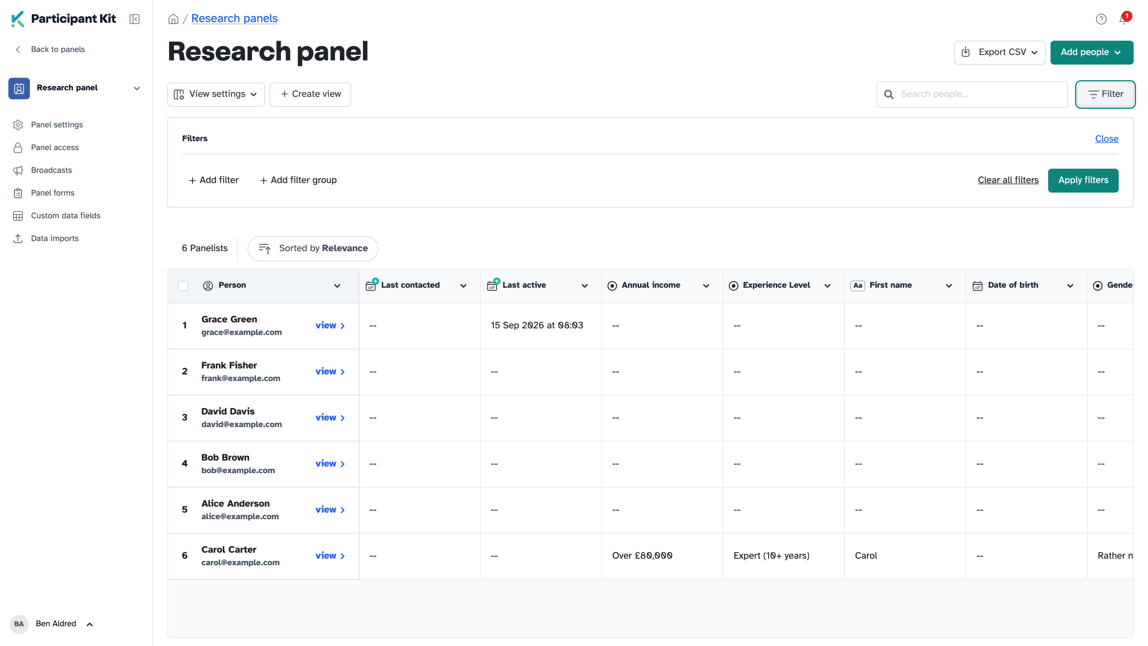 The Filters panel open above the table, with Add filter and Add filter group