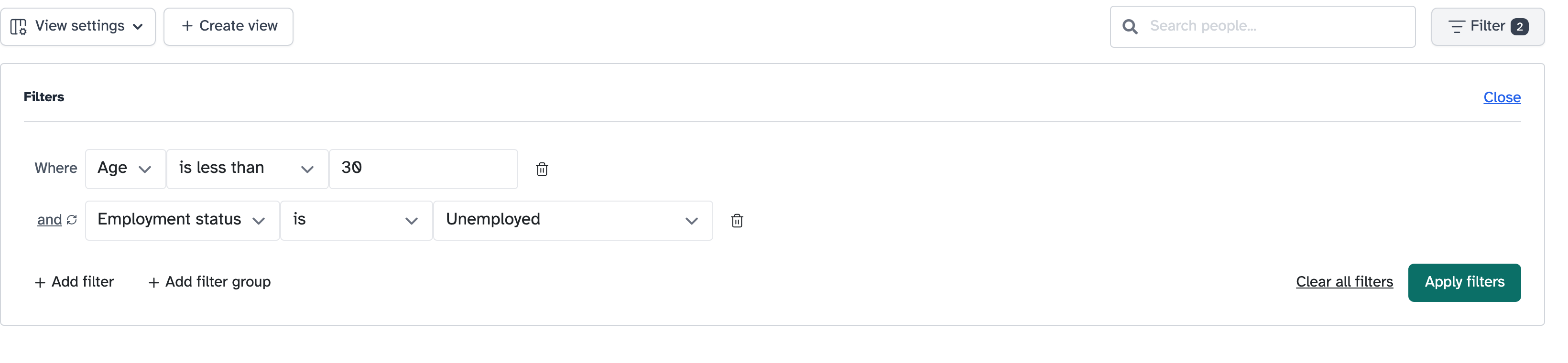 Two filters, Age is less than 30 and Employment status is Unemployed, with Filter showing 2