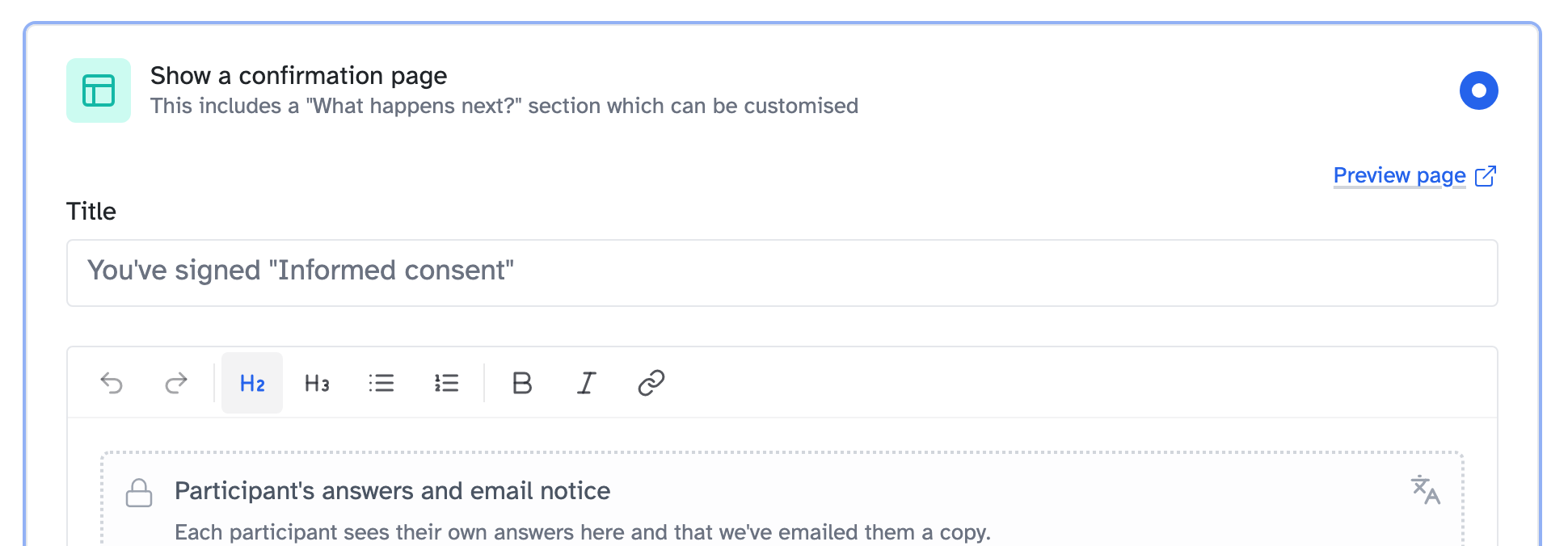 The confirmation page editor, with the title, the formatting toolbar and the fixed summary of the participant's answers