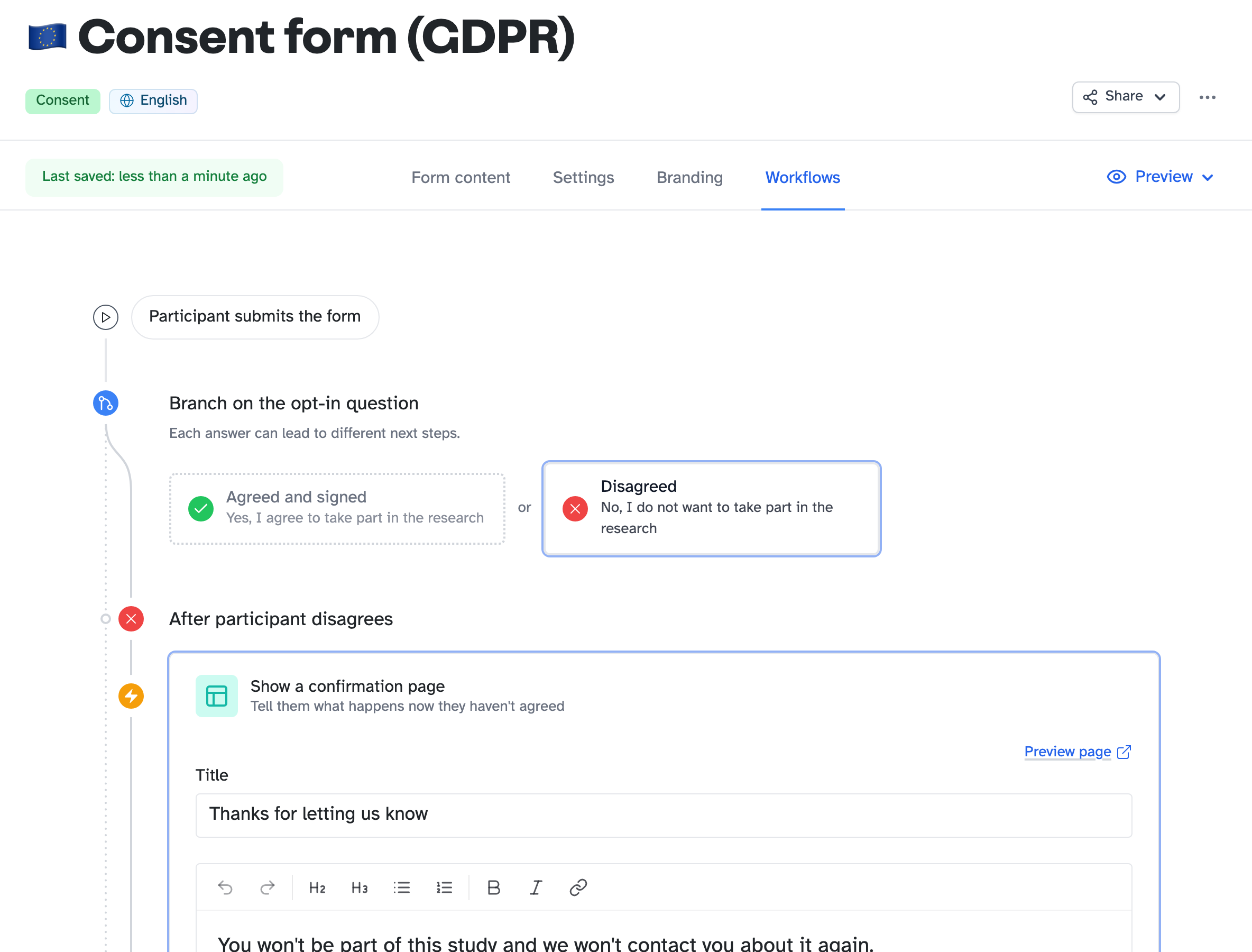 The Disagreed route on the Workflows tab, with the refusal page editor