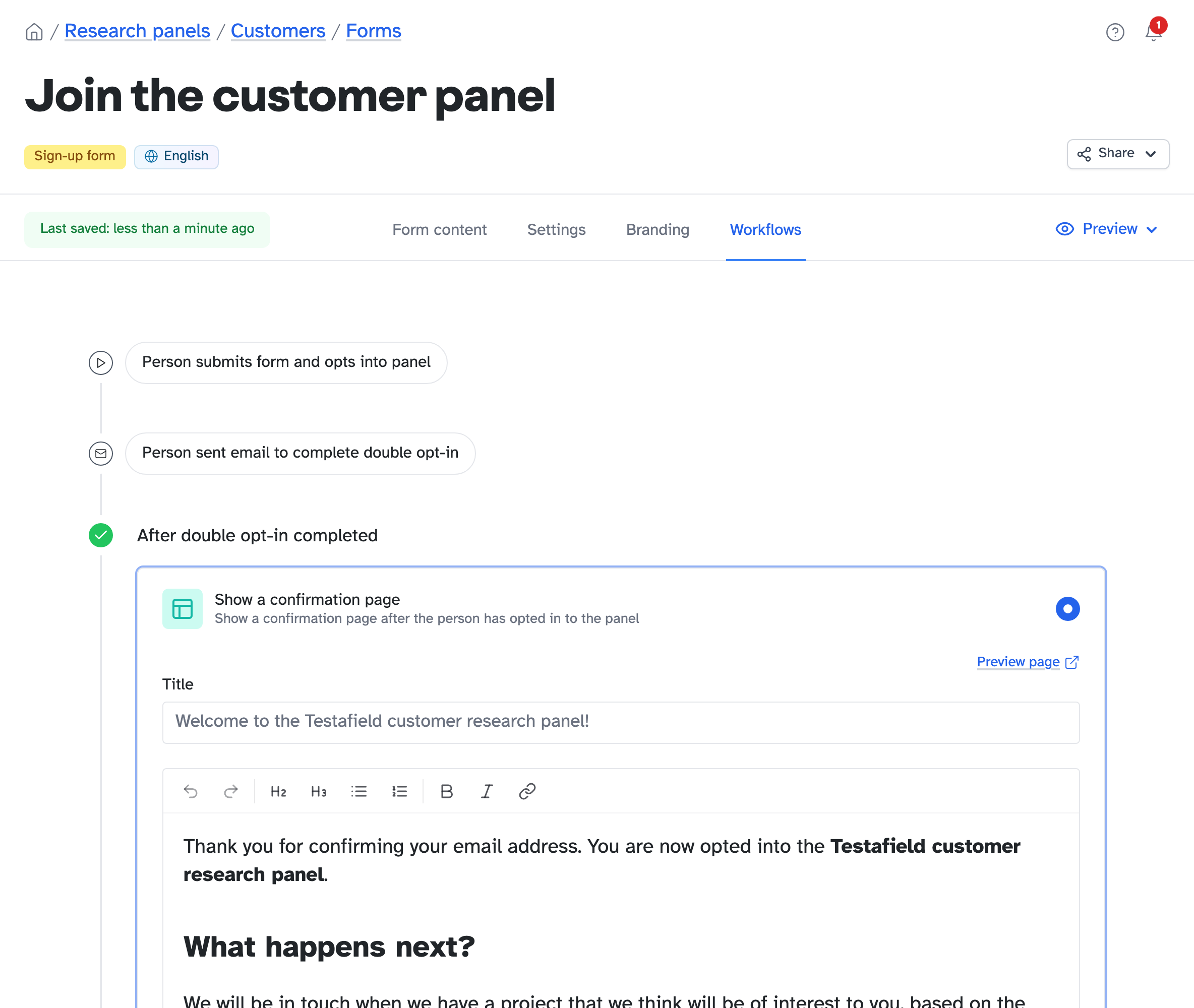 The Workflows tab of a panel sign-up form, showing the double opt-in email and the confirmation page editor