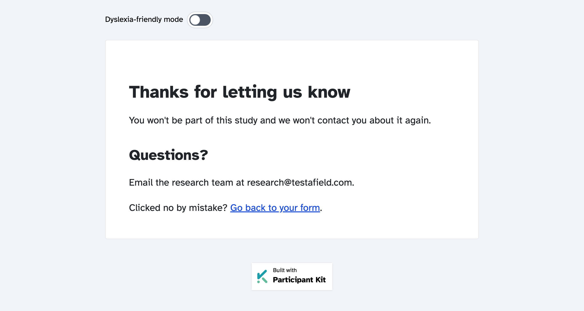 The refusal page a participant sees, with a custom title and text and the Go back to your form link