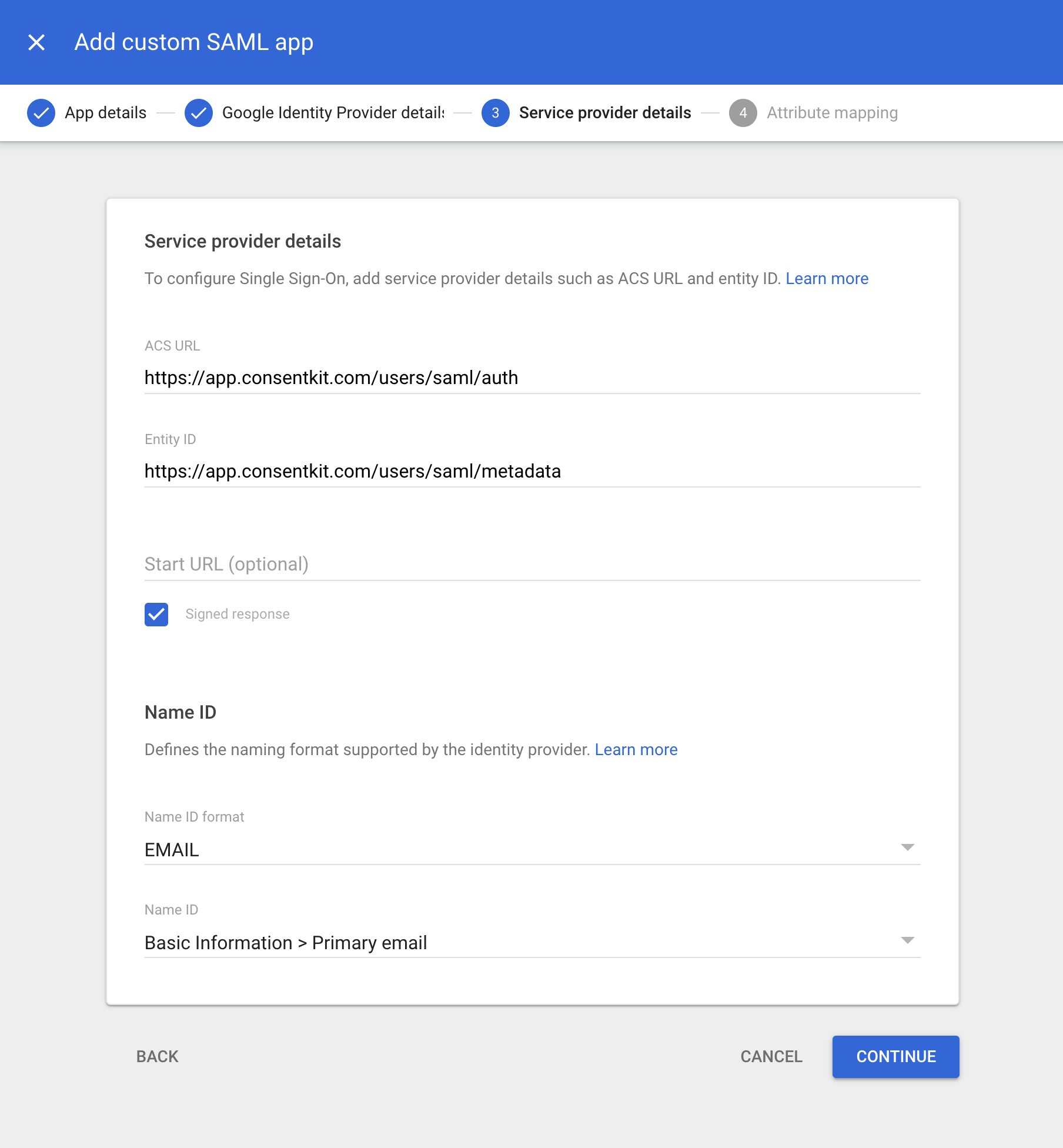 Screenshot of Google SAML app setup