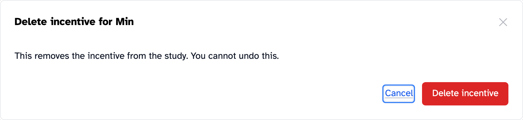The Delete incentive confirmation, with Cancel and Delete incentive