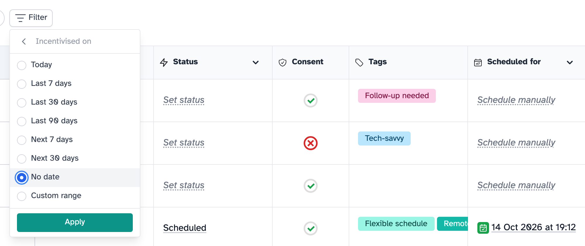 The Filter menu on Incentivised on, with No date selected and the Apply button