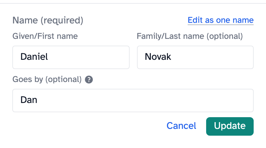 Editing a name: Given/First name, Family/Last name (optional) and Goes by (optional)