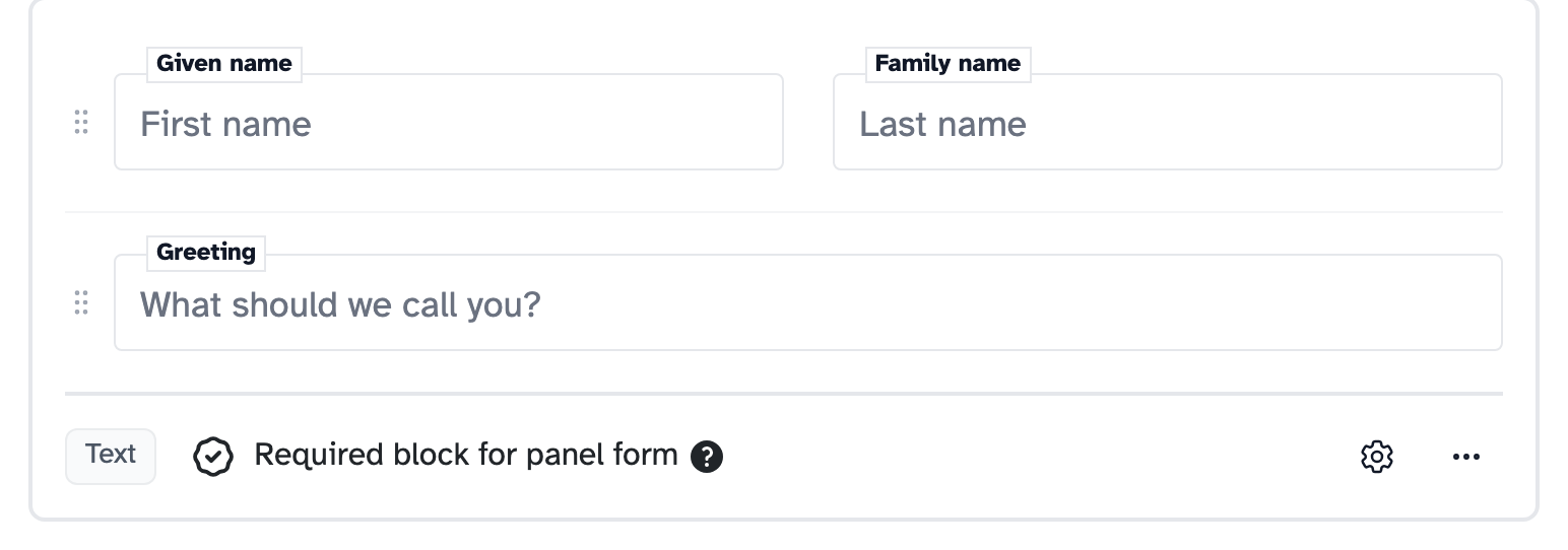 The name question in the builder with Given name, Family name and Greeting boxes