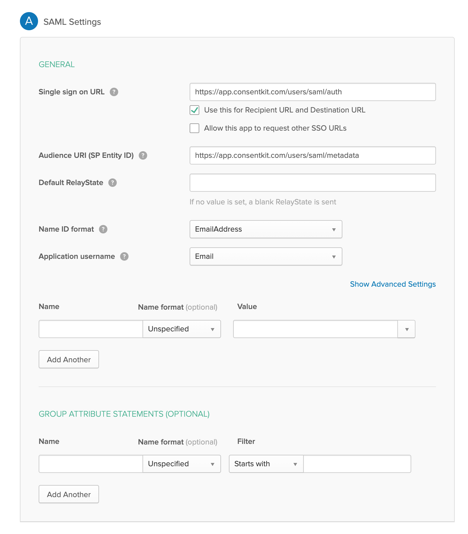 Screenshot of Okta setup