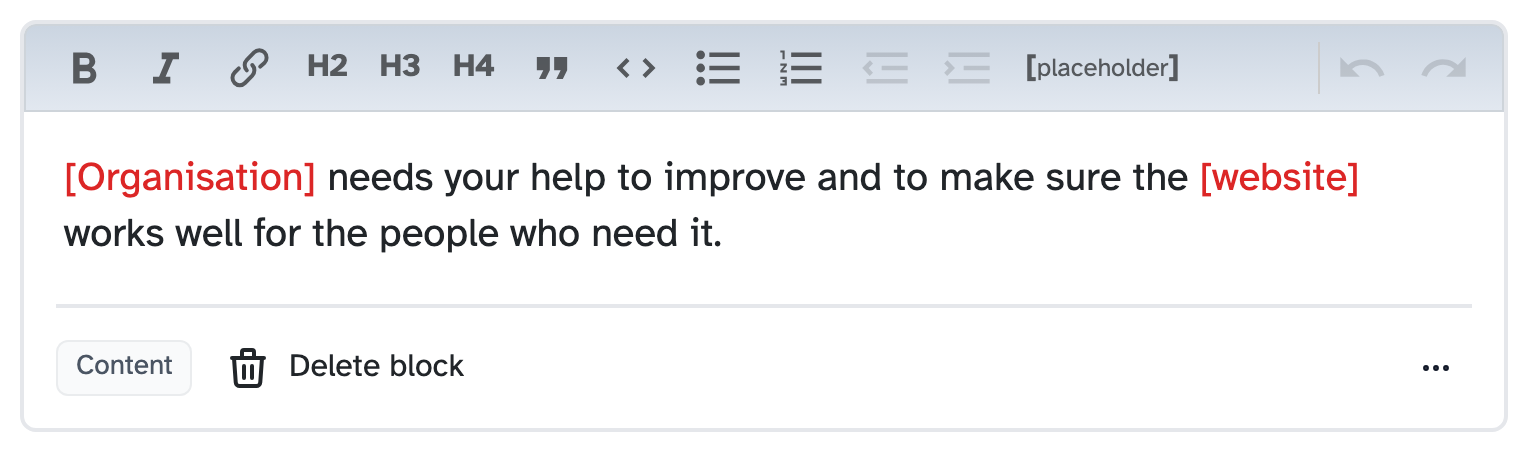 A content block with [Organisation] and [website] in red