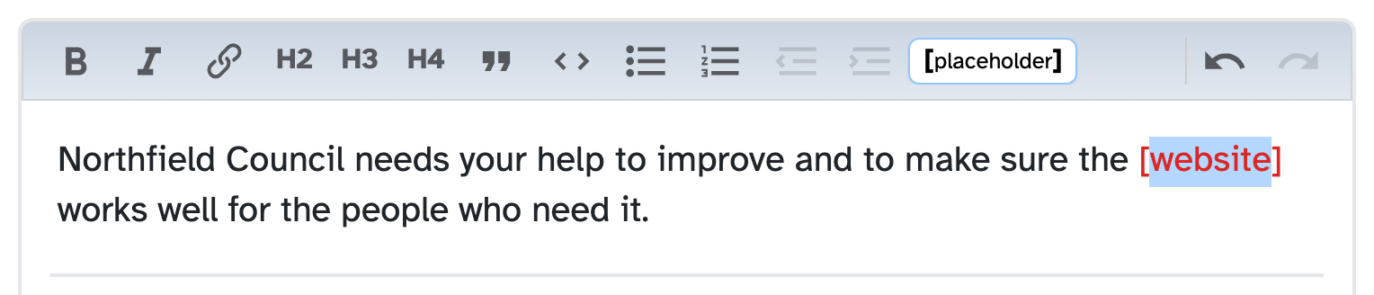 The word website selected in red, with the [placeholder] button in the toolbar