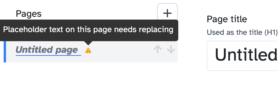The list of pages, with a warning triangle and the message Placeholder text on this page needs replacing