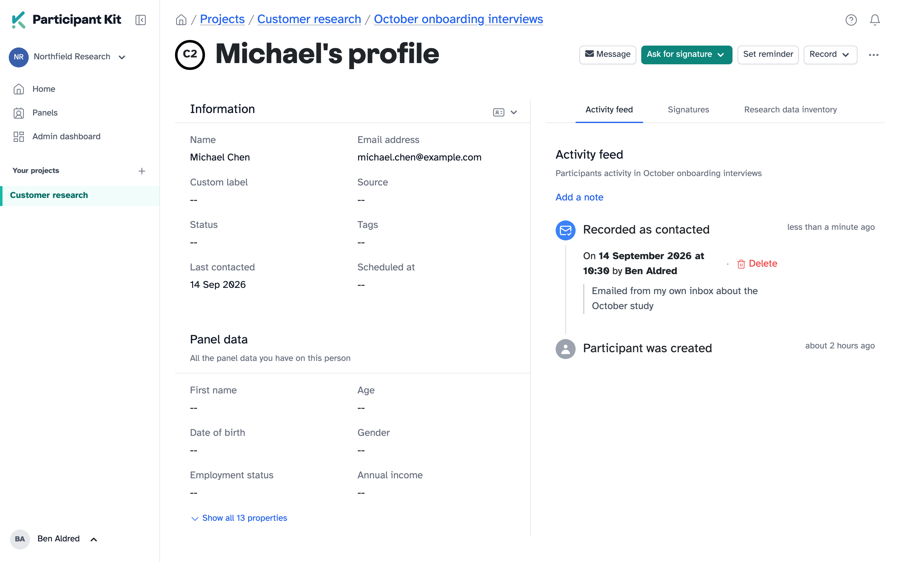 A recorded contact in the activity feed, showing the date, who recorded it and the description