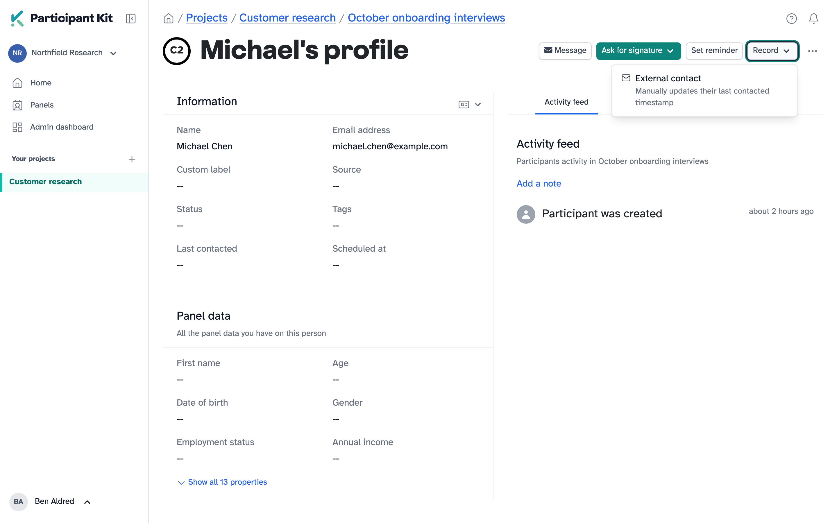 The Record menu on a participant's profile, showing External contact