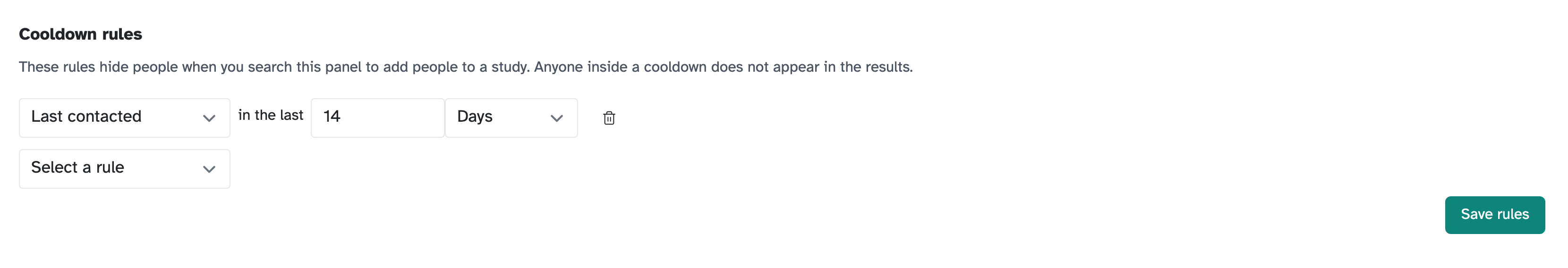 A second rule row added below the first, reading Select a rule