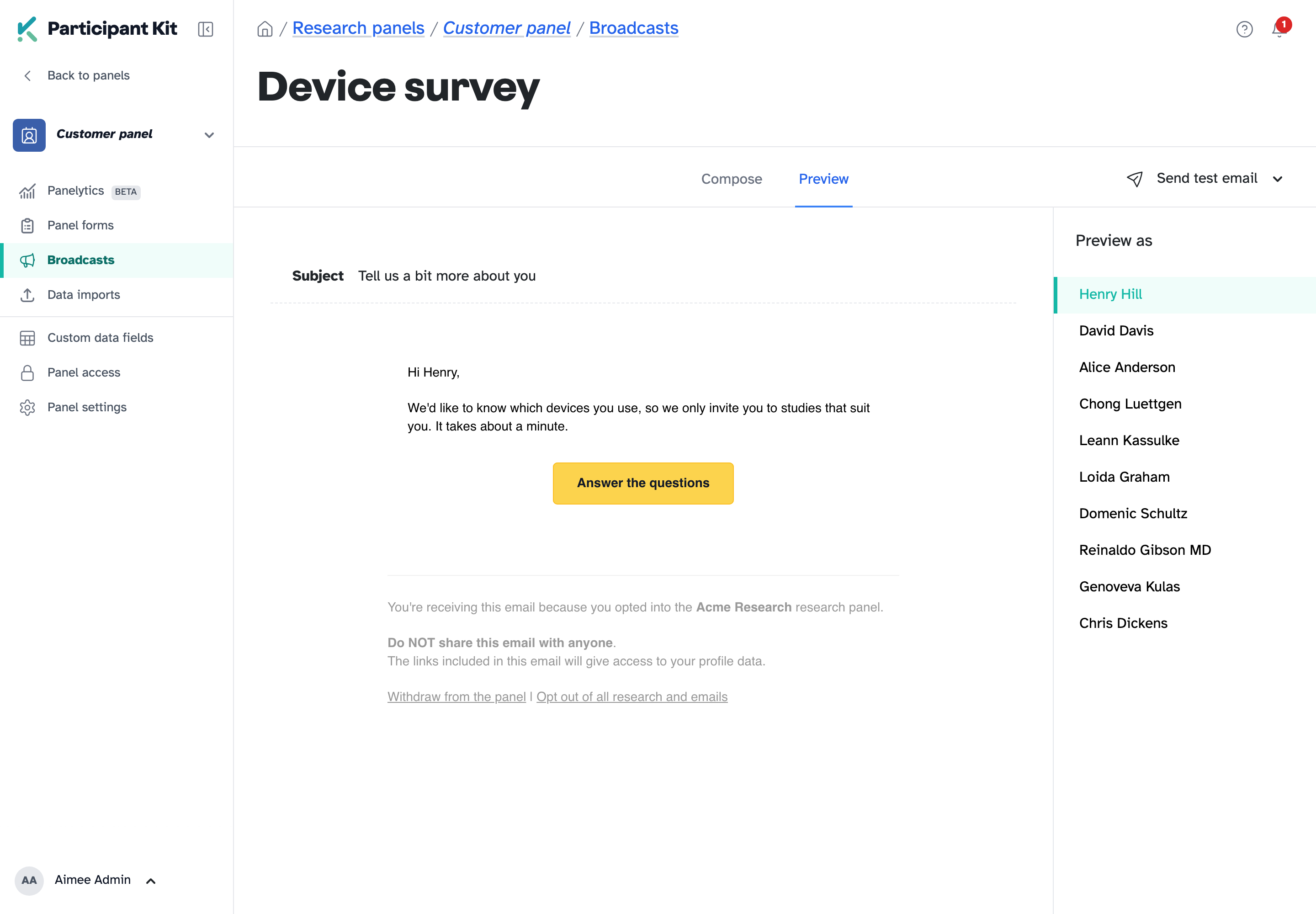 A broadcast preview with the message and an Answer the questions button