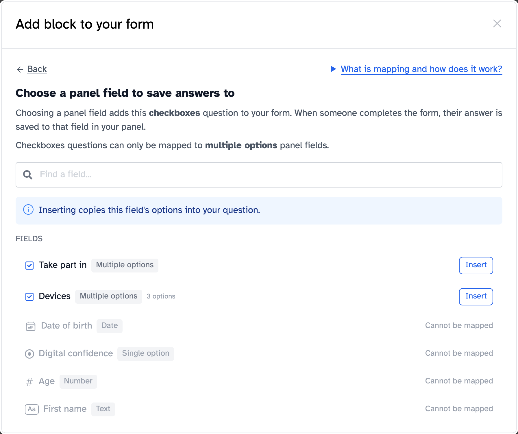 Choose a panel field to save answers to, for a Checkboxes question, with Insert next to the fields that fit and Cannot be mapped next to the rest