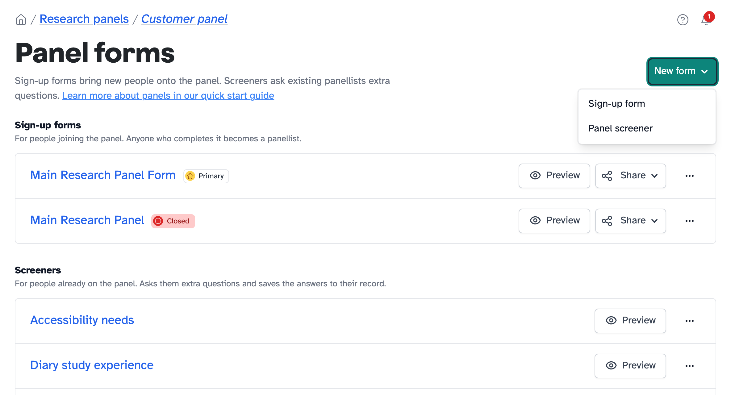 The Panel forms page with the New form menu open, showing Sign-up form and Panel screener