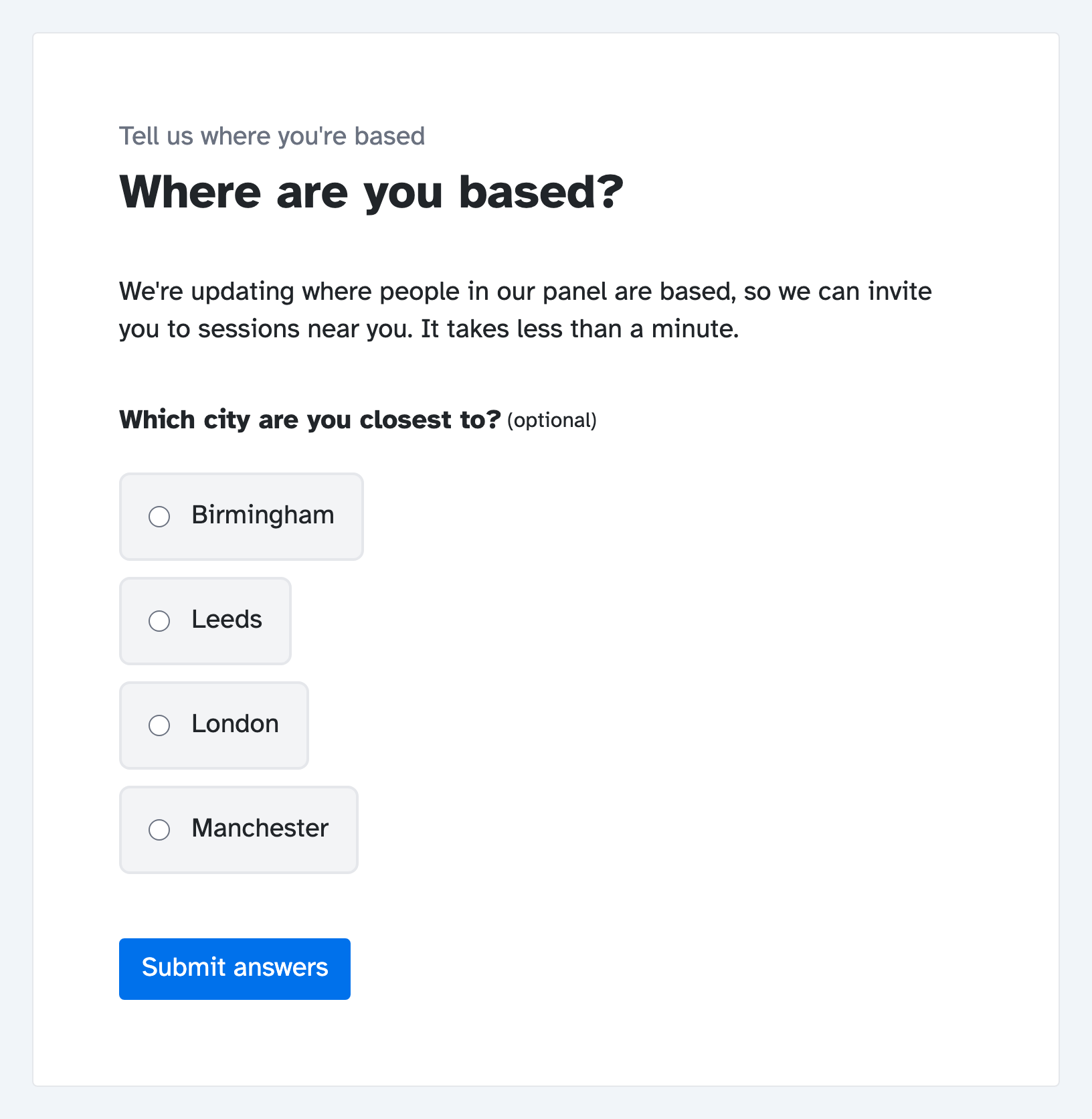 A screener as a panellist sees it, titled Where are you based?, with a question asking which city they're closest to and a Submit answers button