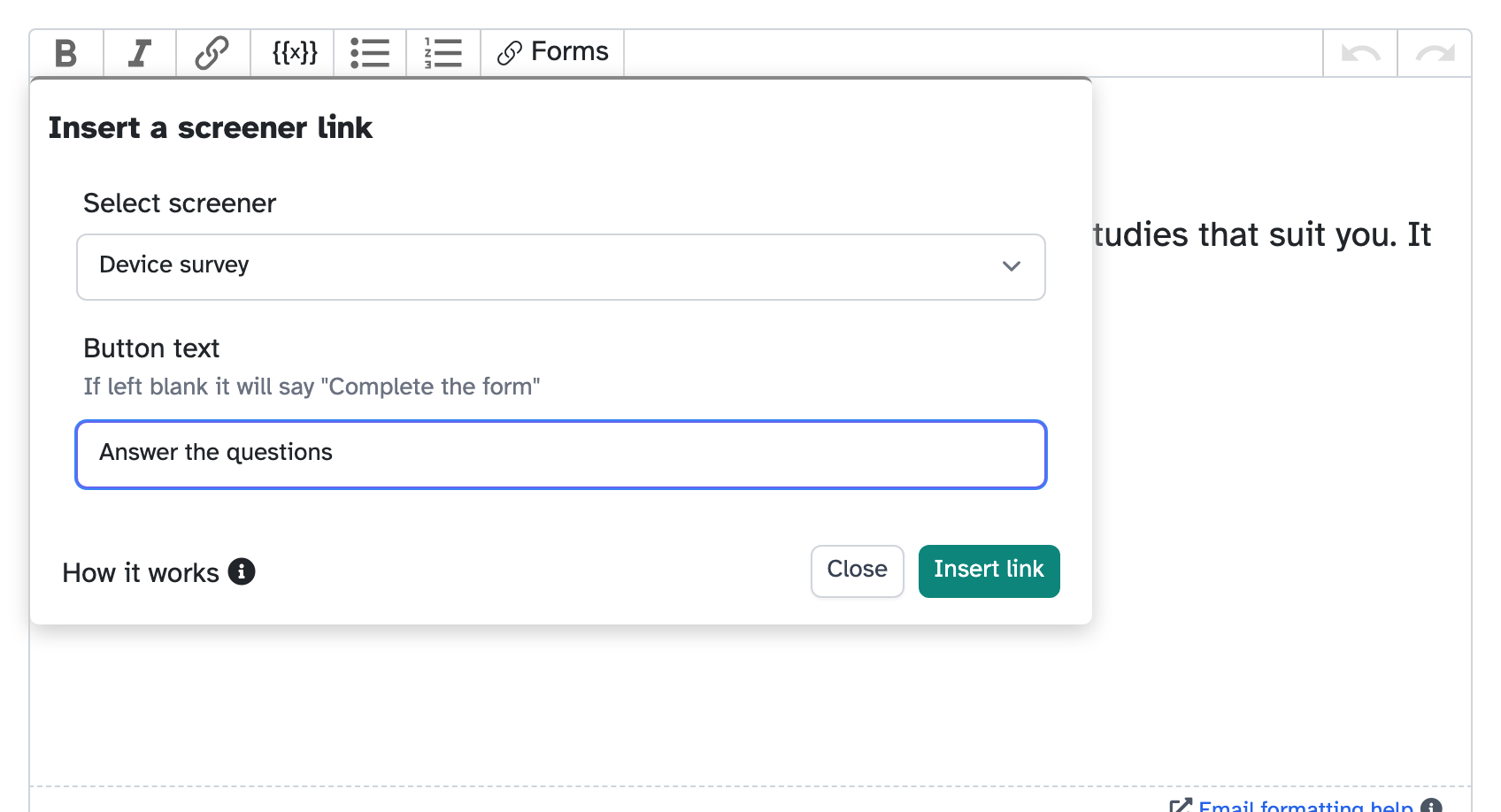 The Insert a screener link dialog in the broadcast composer, with Device survey selected and the button text Answer the questions