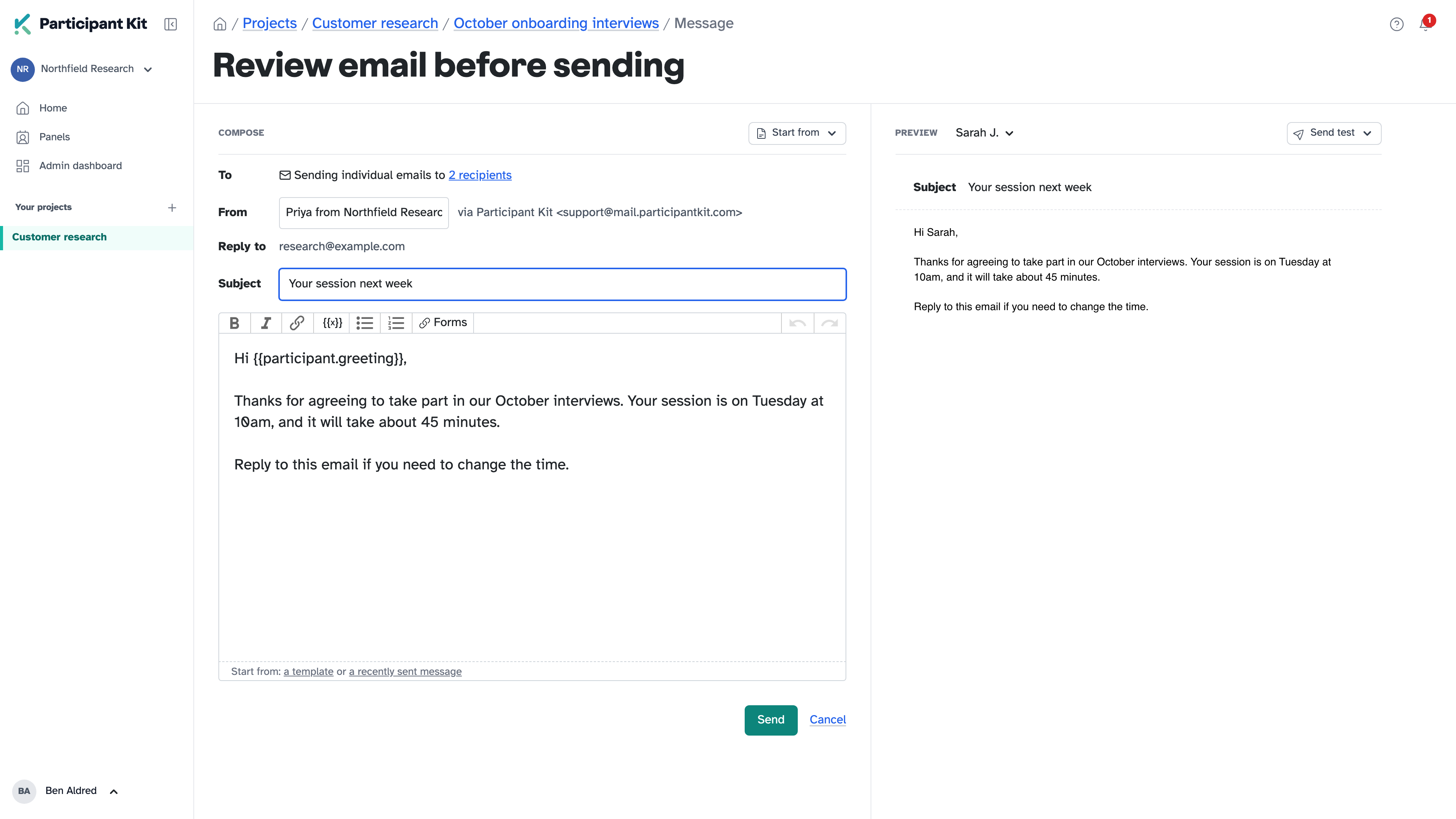 The Review email before sending page with To, From, Reply to, Subject and a message written