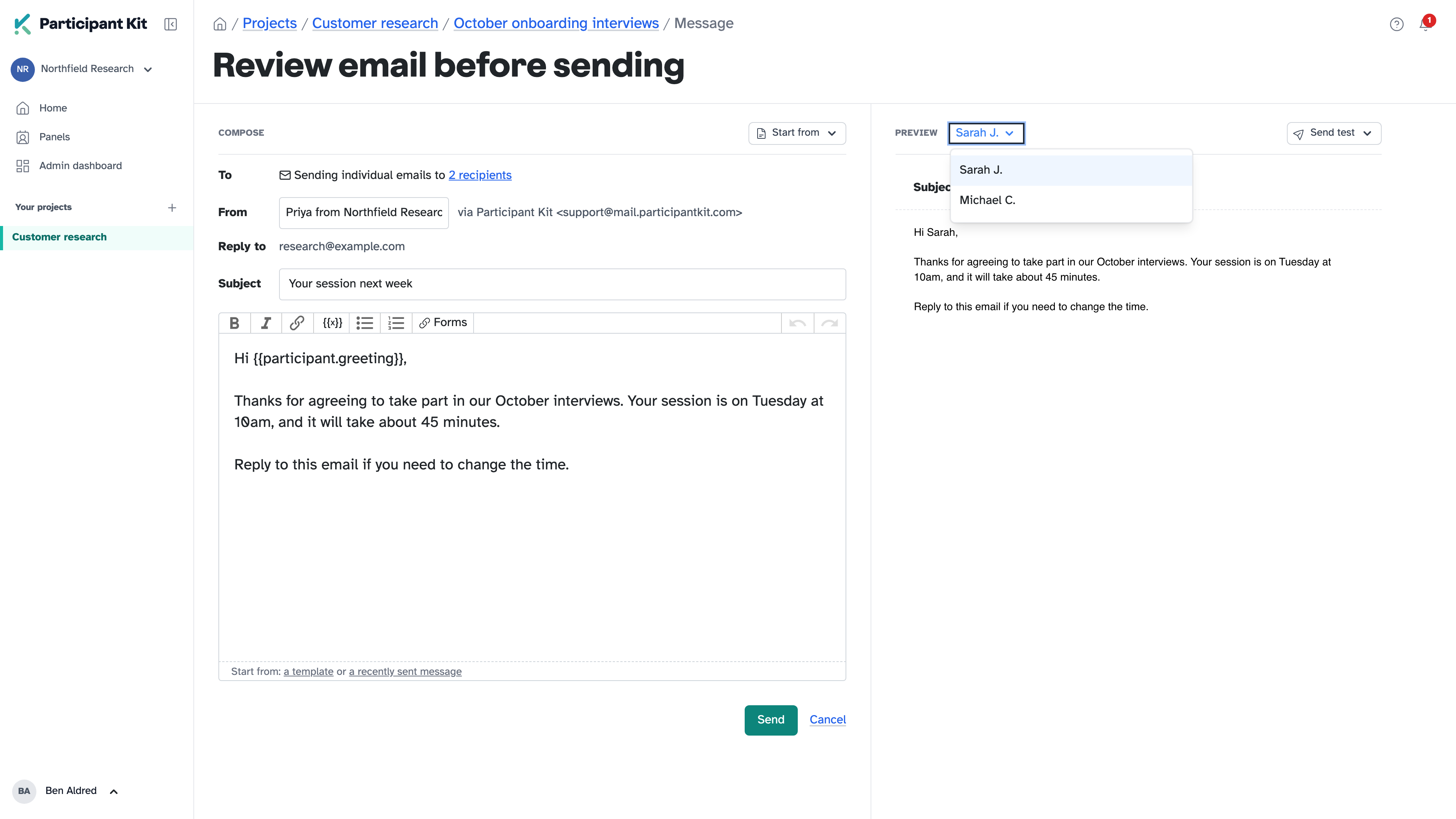 The message on the left and the preview on the right, with the recipient picker open