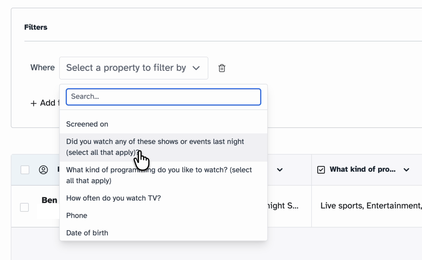 The filter builder on the Candidates tab, with screener questions listed as properties to filter by