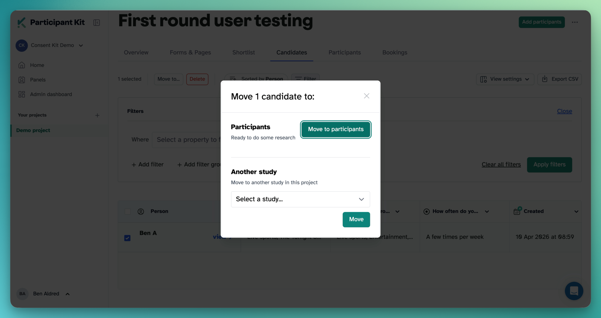 The Move candidate dialog, offering Move to participants or another study in the project
