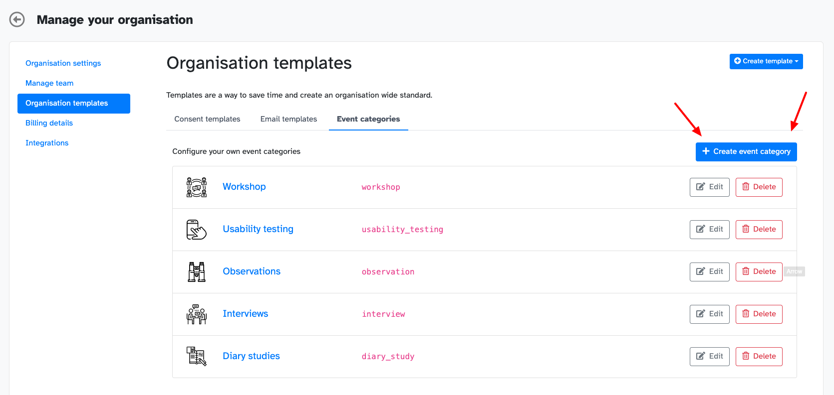 Screenshot for event categories