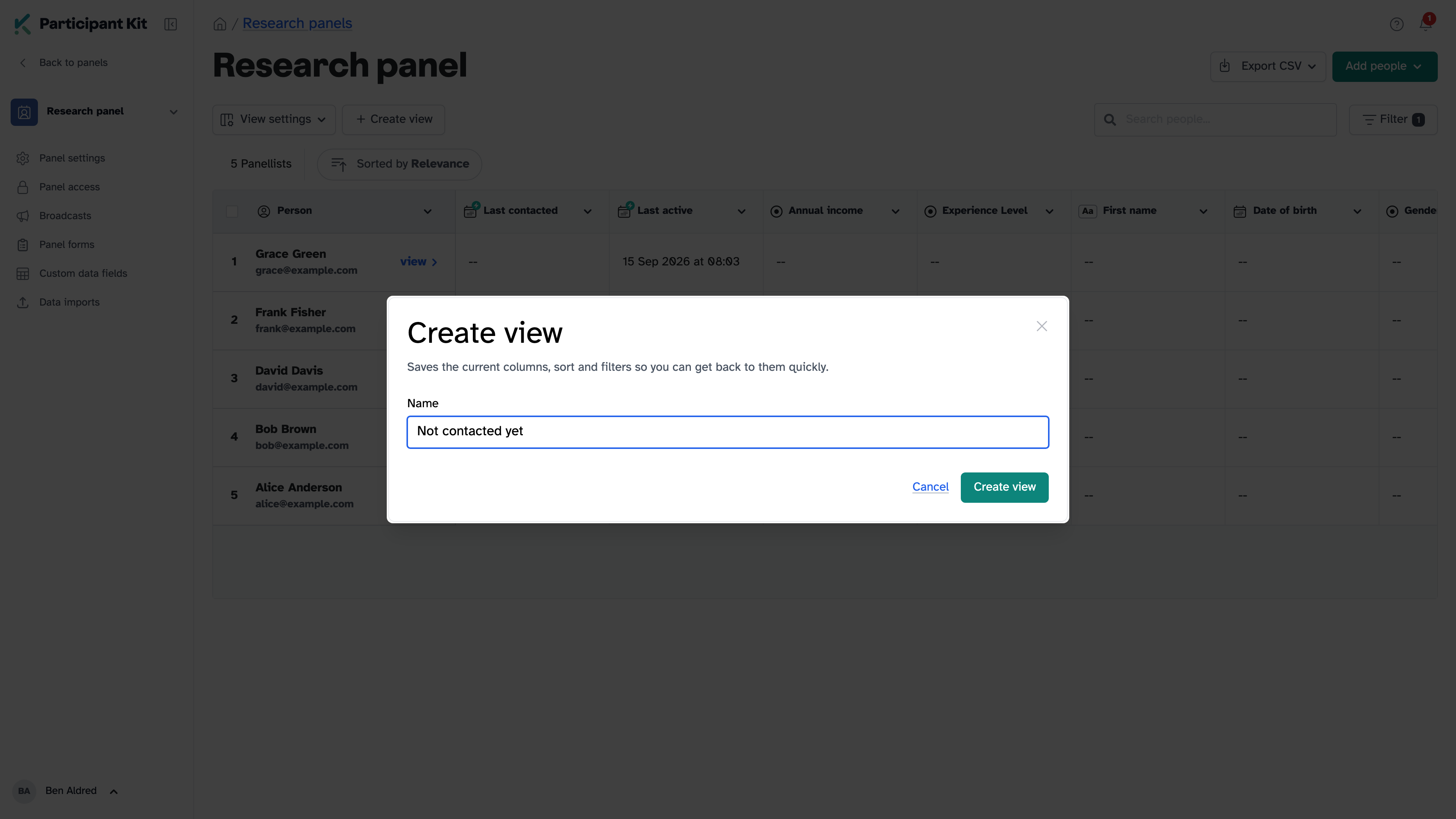 The Create view dialog, with a name typed in