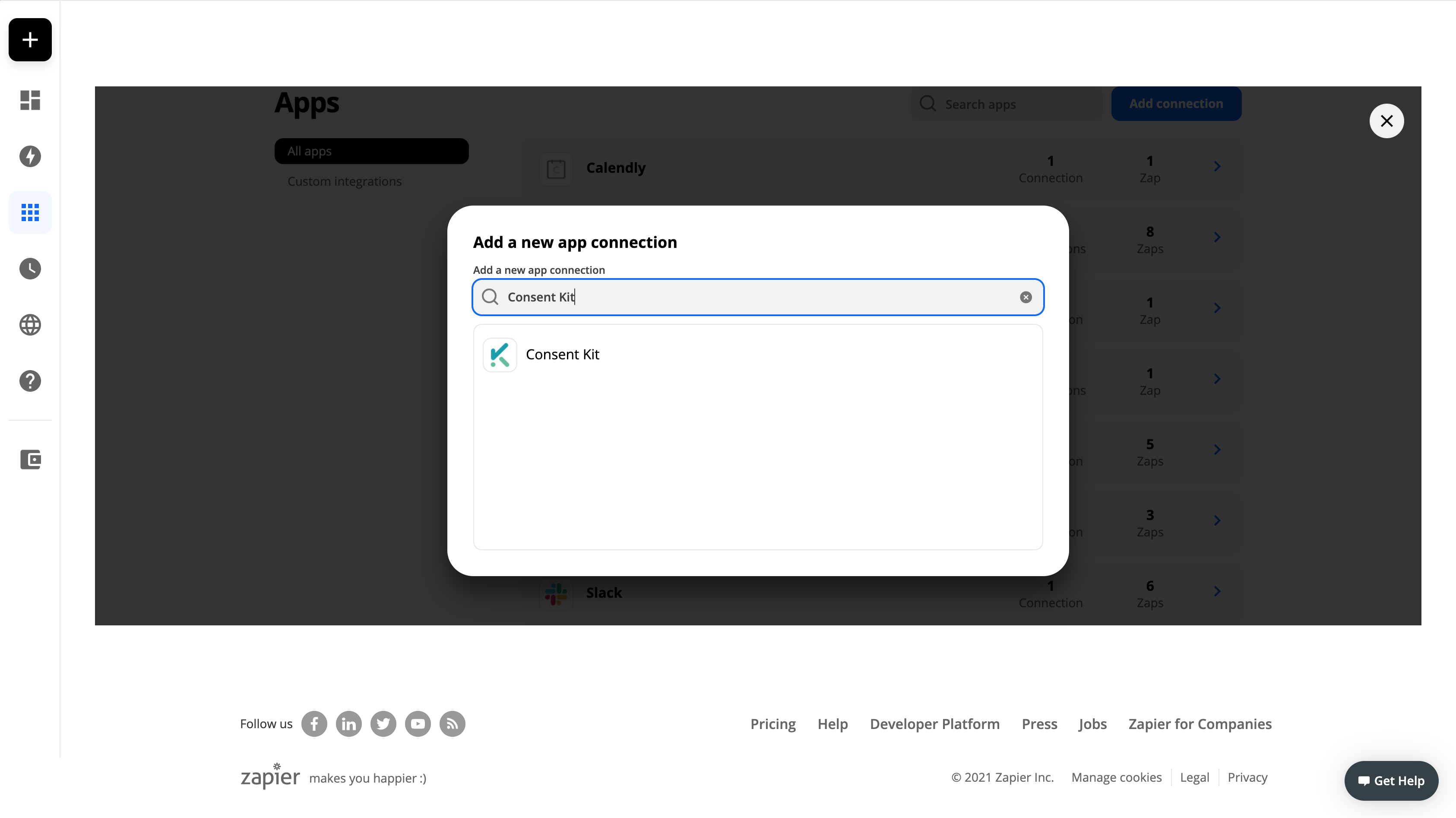 Screenshot of the add connection dialog in a Zapier account