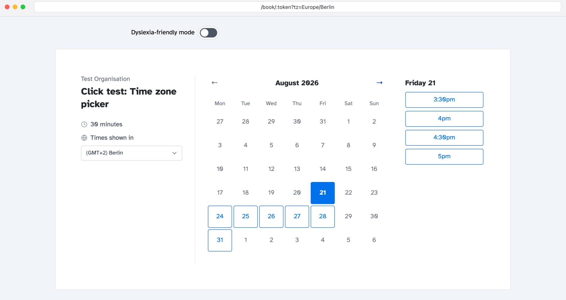The booking page a participant sees: a calendar of available days and a list of times for the chosen day