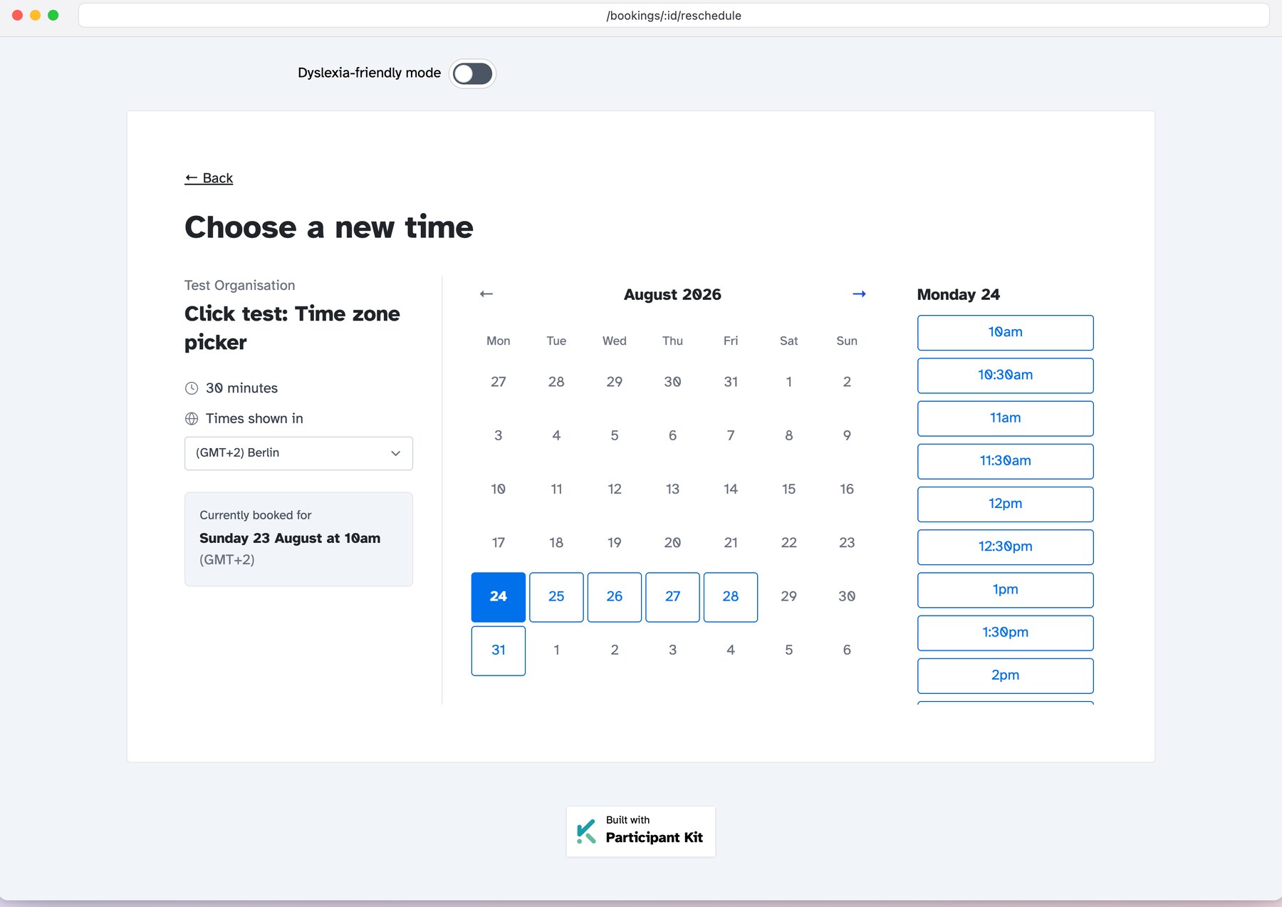 Choosing a new time on the booking page, with every slot shown in the participant's own time zone and a menu to pick a different one