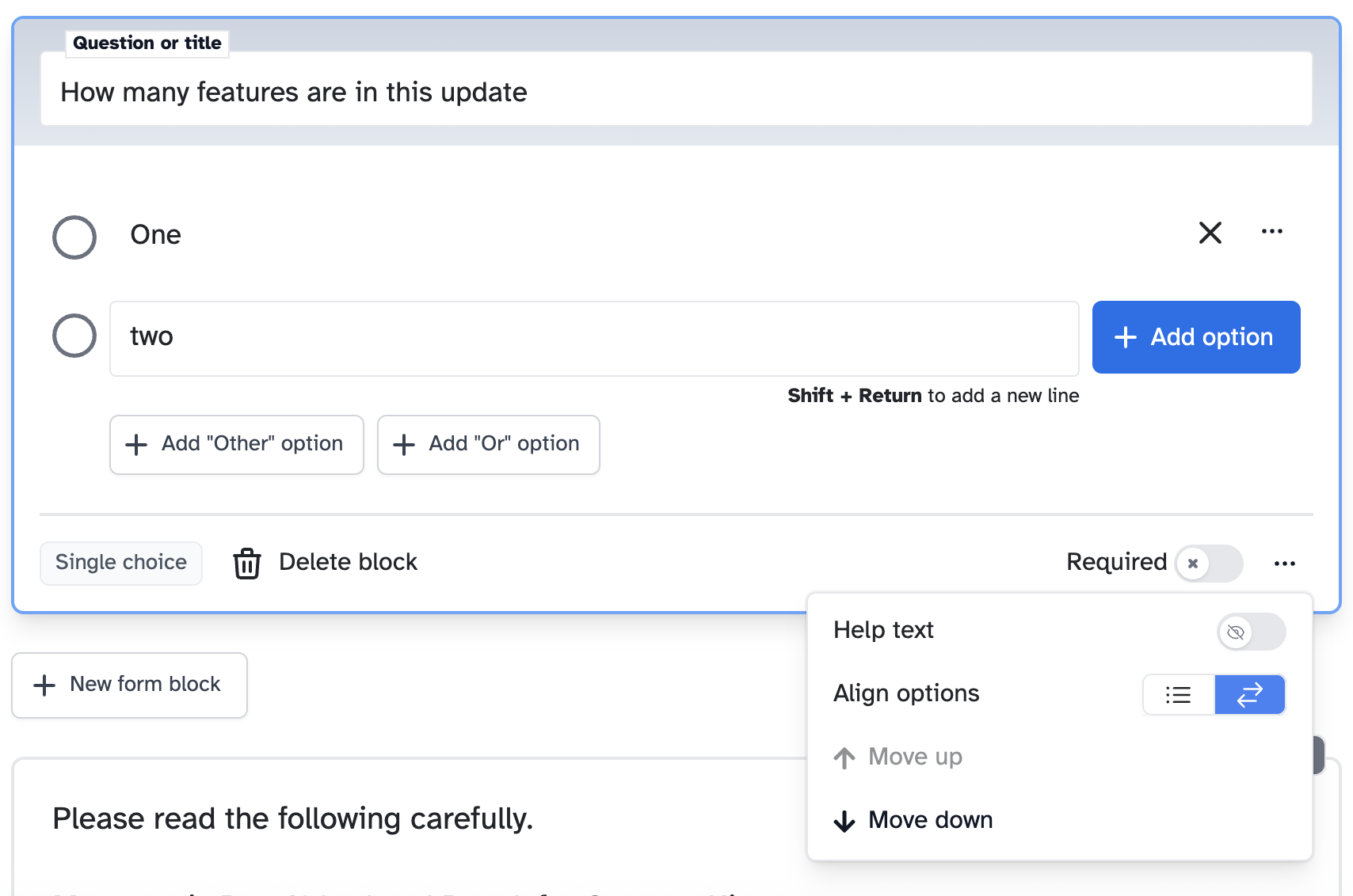 Block menu showing align options, help text toggle, and move up/down