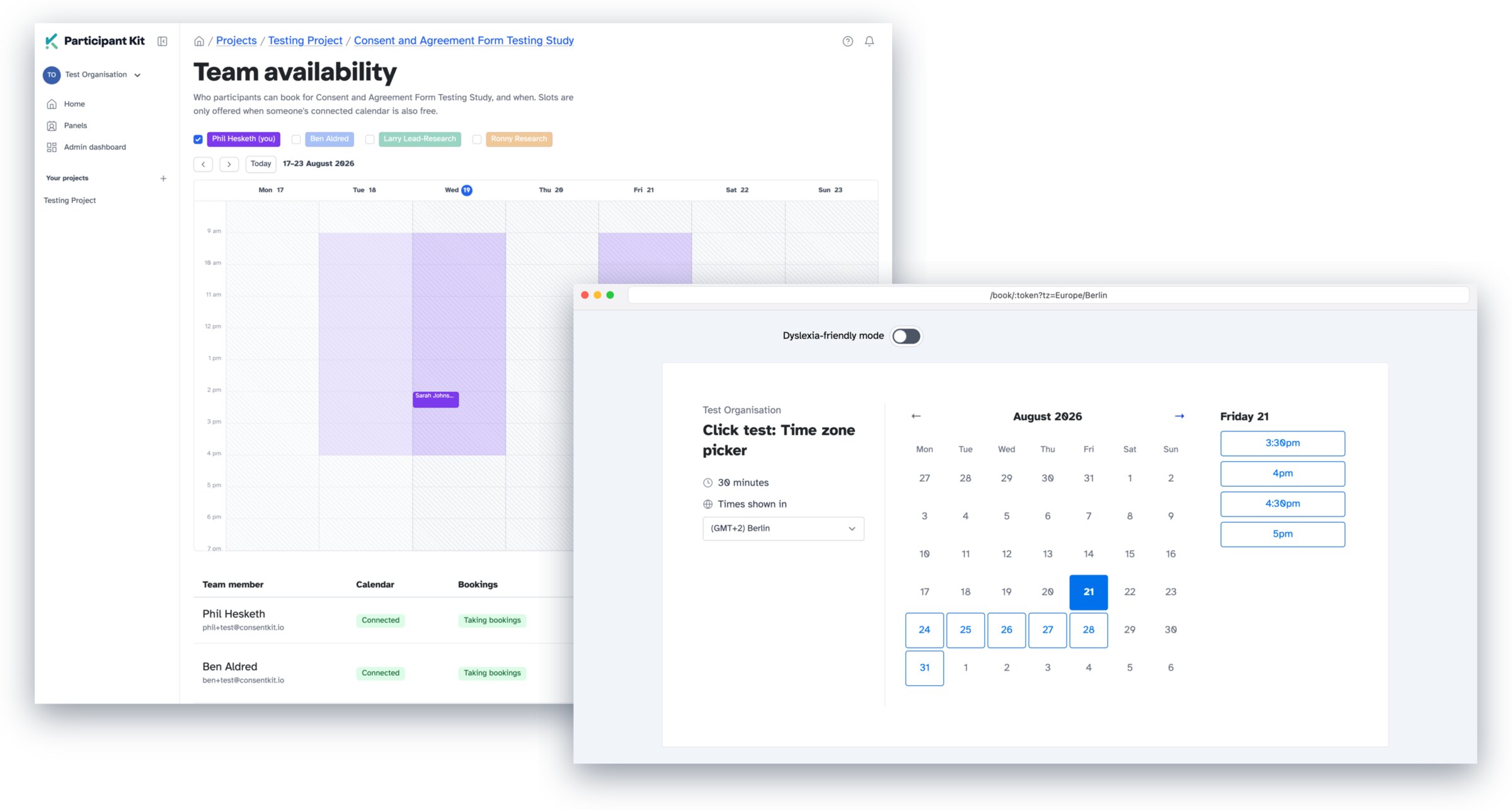 Two Participant Kit screens. Behind: team availability for a study, showing each researcher's connected calendar and combined bookable hours. In front: the booking page a participant sees, picking a time shown in their own time zone