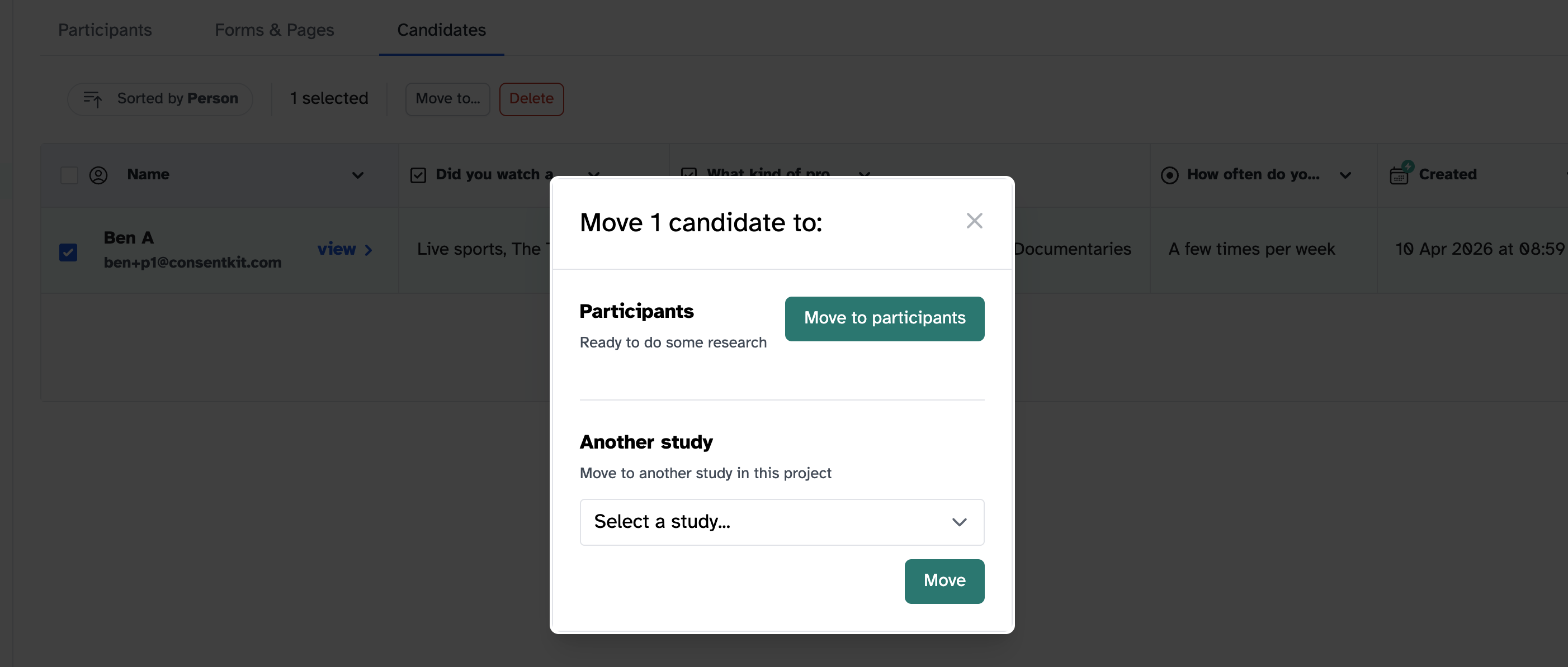 Bulk actions menu for candidates